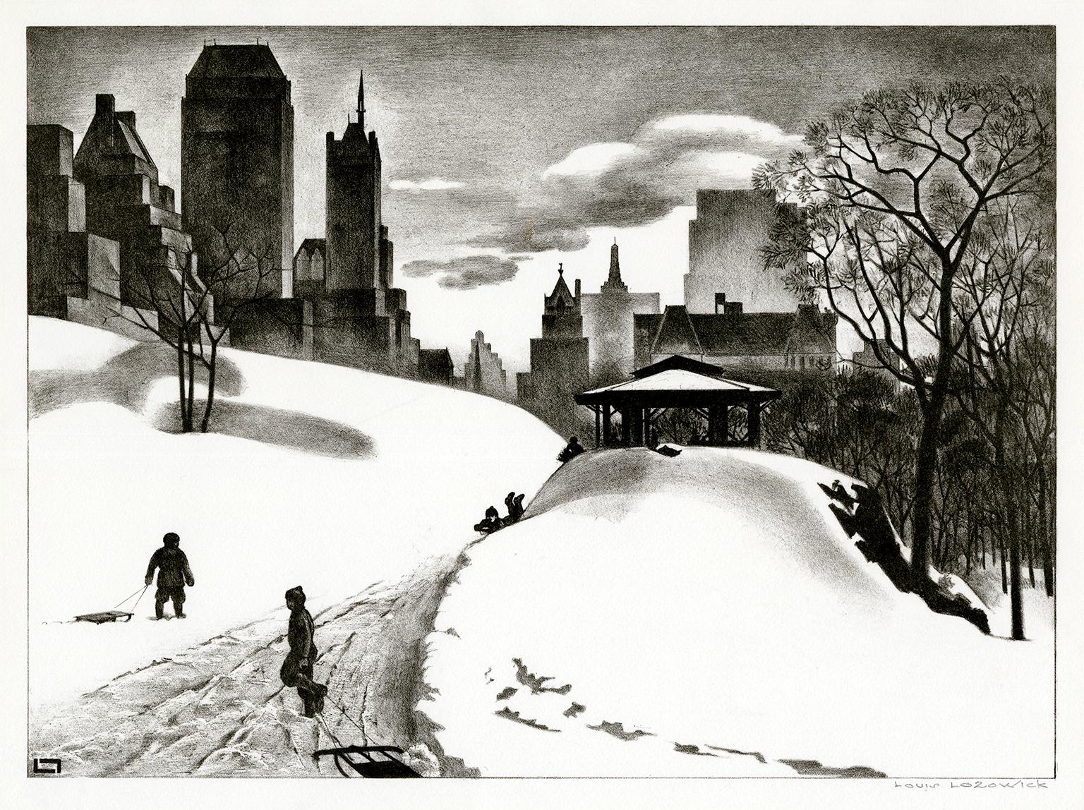Louis Lozowick Figurative Print - Winter Fun — Mid-century Modernism, Central Park, New York City