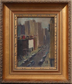 Vintage American Modernist New York Street Scene Signed Framed Oil Painting 1937