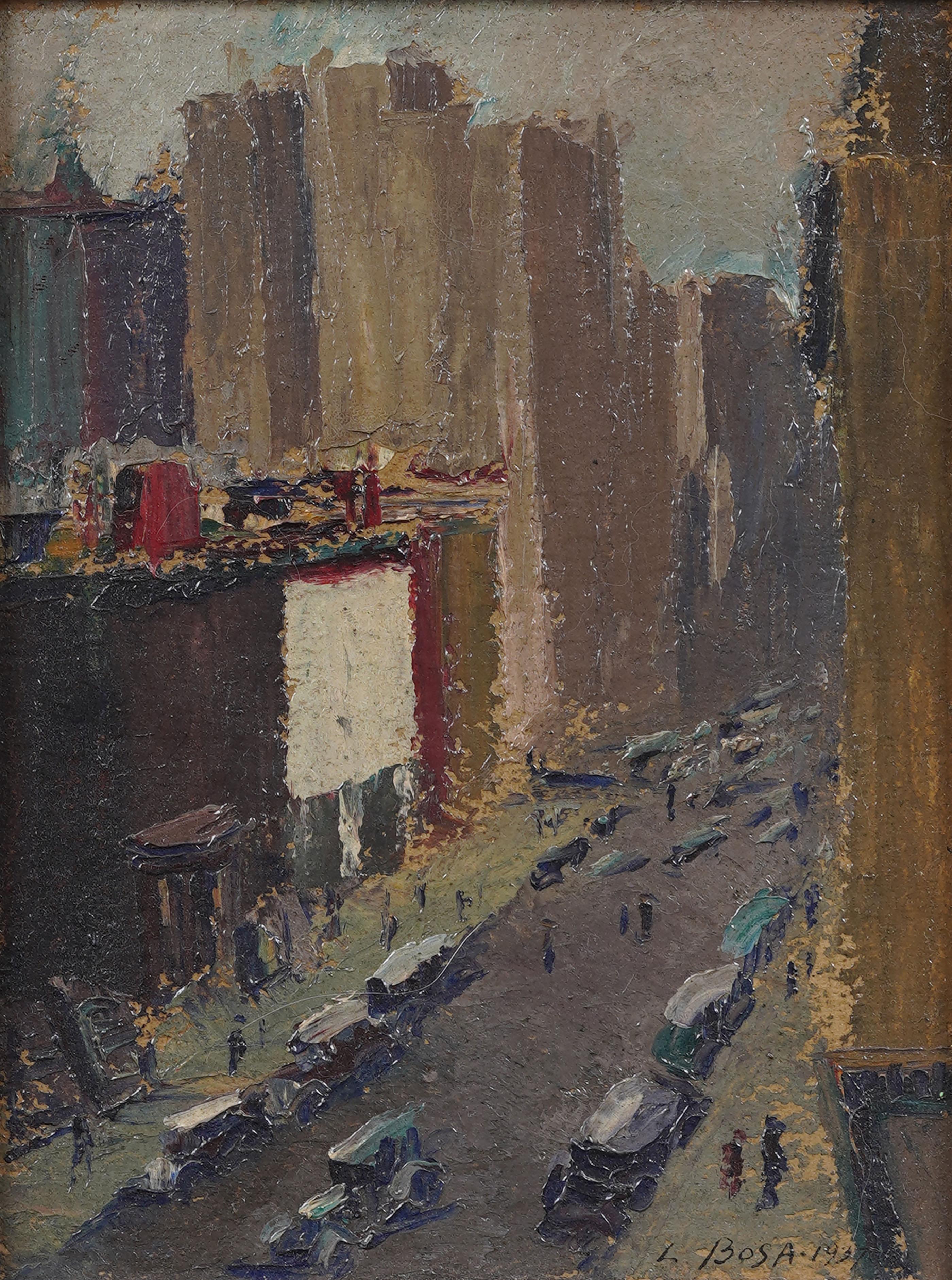 Vintage American Modernist New York Street Scene signiert gerahmte Ölgemälde 1937 (Abstrakter Expressionismus), Painting, von Louis (Luigi) Bosa (1905 - 1981)