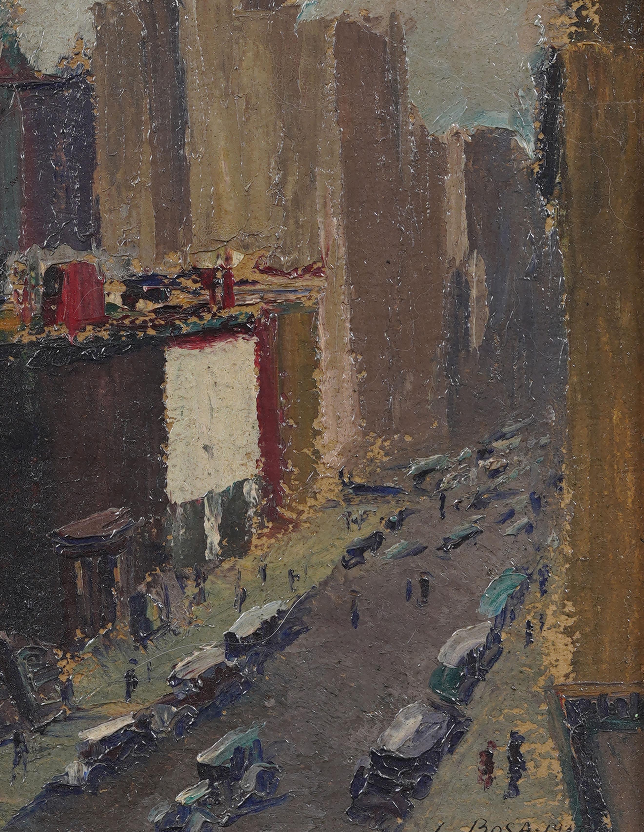Vintage American Modernist New York Street Scene signiert gerahmte Ölgemälde 1937 (Braun), Landscape Painting, von Louis (Luigi) Bosa (1905 - 1981)