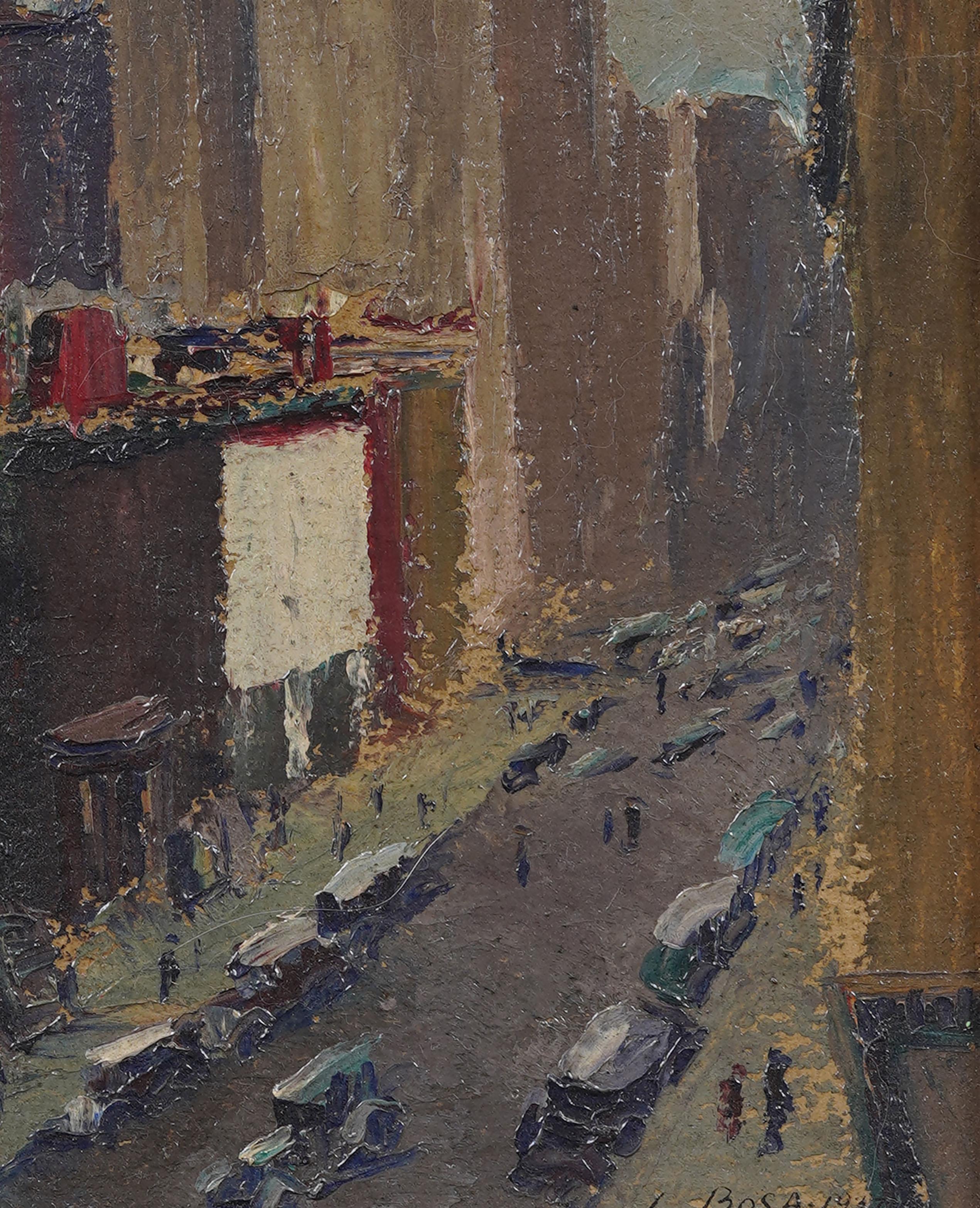 Vintage American modernist abstrakte Landschaft Ölgemälde. Öl auf Karton. Gerahmt. Messen: 13 von 15 Zoll insgesamt und 7 von 9 Malerei allein.  In ausgezeichnetem Originalzustand. Hübsch gerahmt in breiten Goldholzleisten.  Ausgezeichneter Zustand,