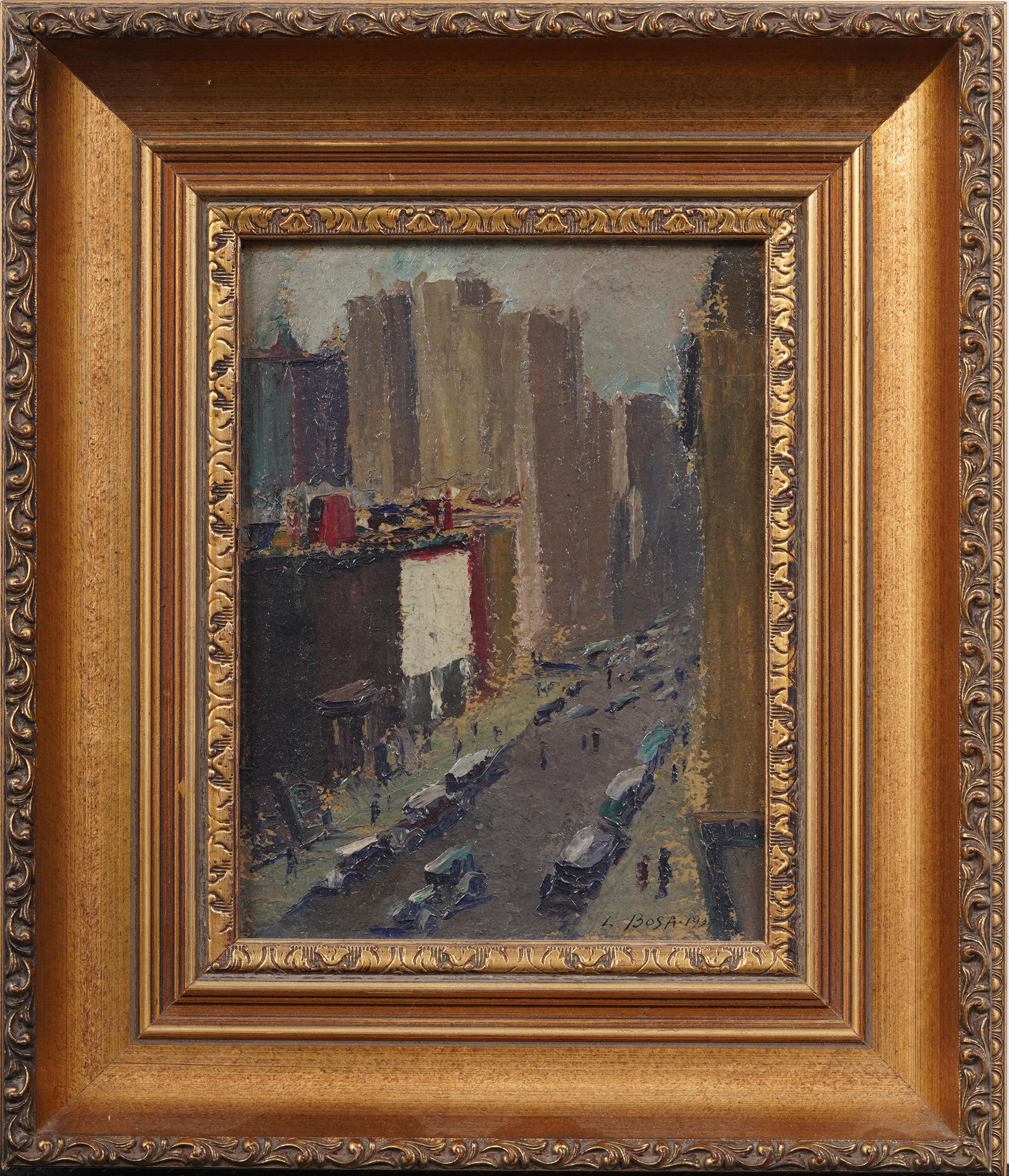Vintage American Modernist New York Street Scene signiert gerahmte Ölgemälde 1937