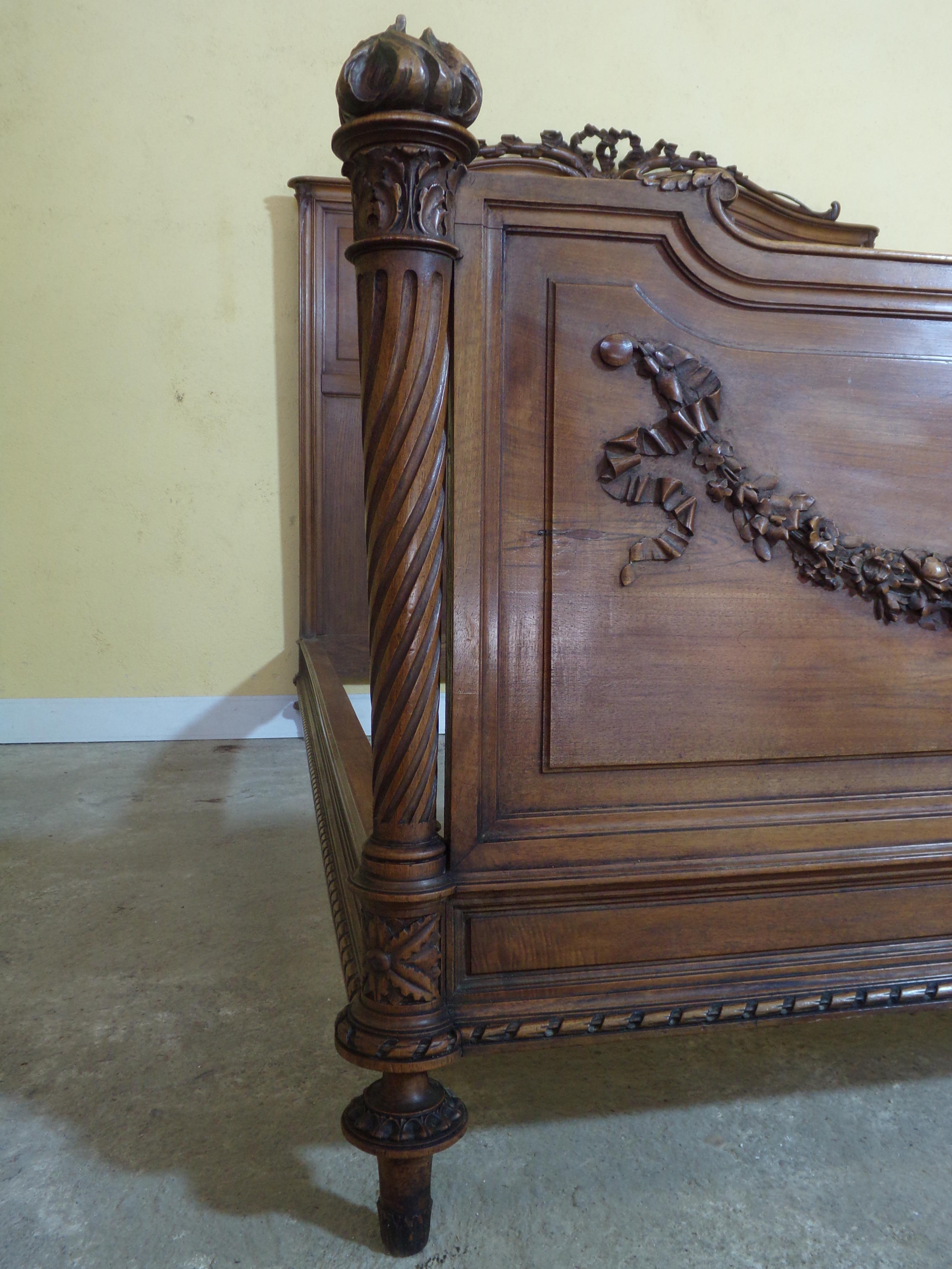 French Louis XVI Style Solid Walnut Carved Queen Bed, C1890 For Sale