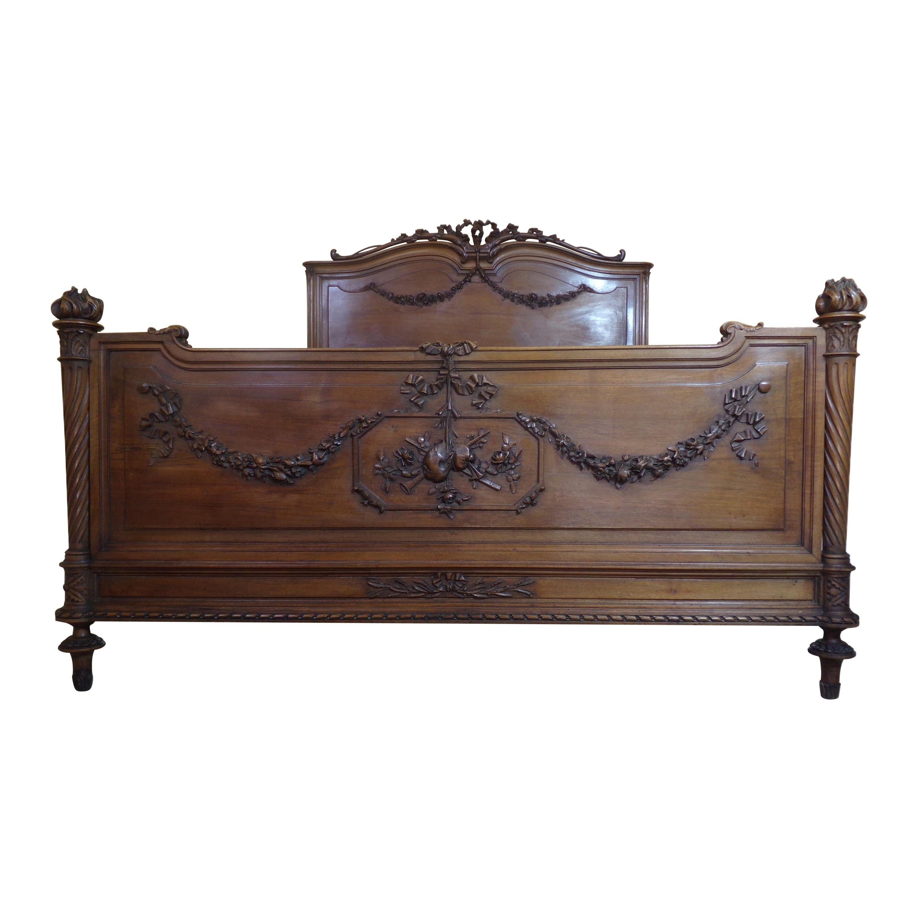 Louis XVI Style Solid Walnut Carved Queen Bed, C1890 For Sale
