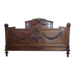 Used Louis XVI Style Solid Walnut Carved Queen Bed, C1890