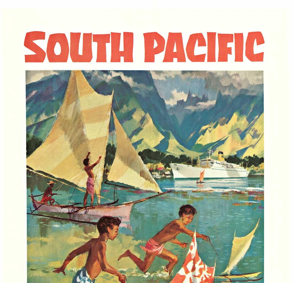 Affiche de voyage originale « South Pacific - Tahiti, Go Matson » en lin de croisière vintage - Print de  Louis Macouillard 