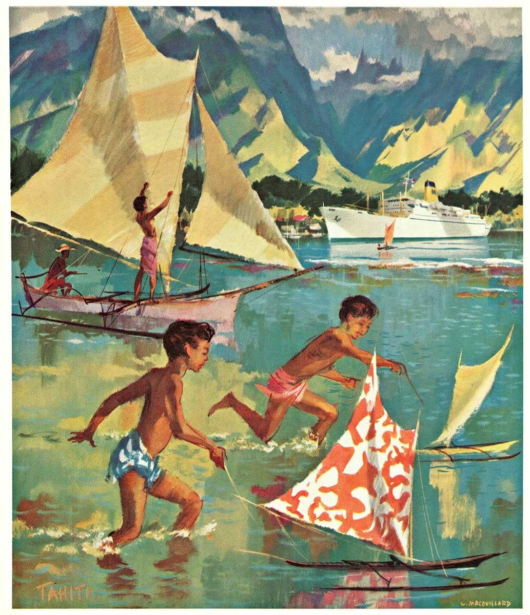 Affiche de voyage vintage originale du Pacifique Sud (Tahiti) sur les bateaux de croisière Matson, doublée de lin d'archives.    Le titre de l'œuvre d'art est le suivant :  Tahiti.  Les navires de la ligne Matson qui s'y rendent sont le S.S.