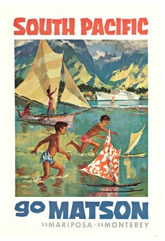Original "Pacífico Sur - Tahití, Go Matson' cartel de viaje vintage en lino para cruceros