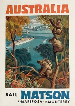 Original Vintage Sail Matson Australia Poster by Louis Macouillard c1955 Koala