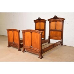 Louis Majorelle Antique French Art Nouveau Walnut Twin Size Beds, Circa 1900