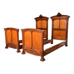 Louis Majorelle Antique French Art Nouveau Walnut Twin Size Beds, Circa 1900