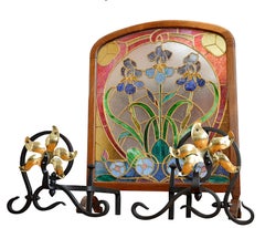 Louis Majorelle Art Nouveau Andirons, Wrought Iron & Brass, 1900