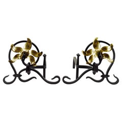 Louis Majorelle Art Nouveau Andirons, Wrought Iron & Brass, 1900
