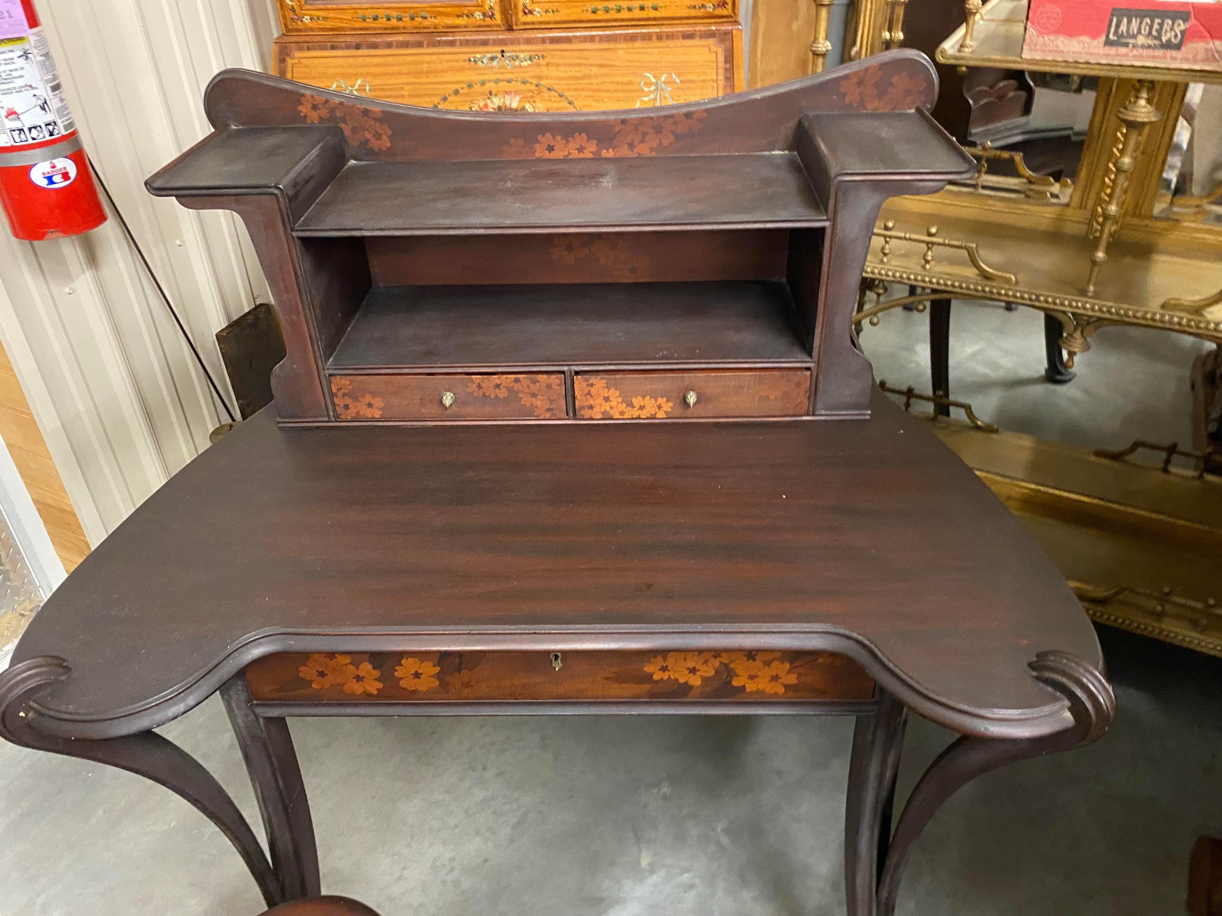 French Louis Majorelle Art Nouveau Writing Desk with Rare Matching Chair