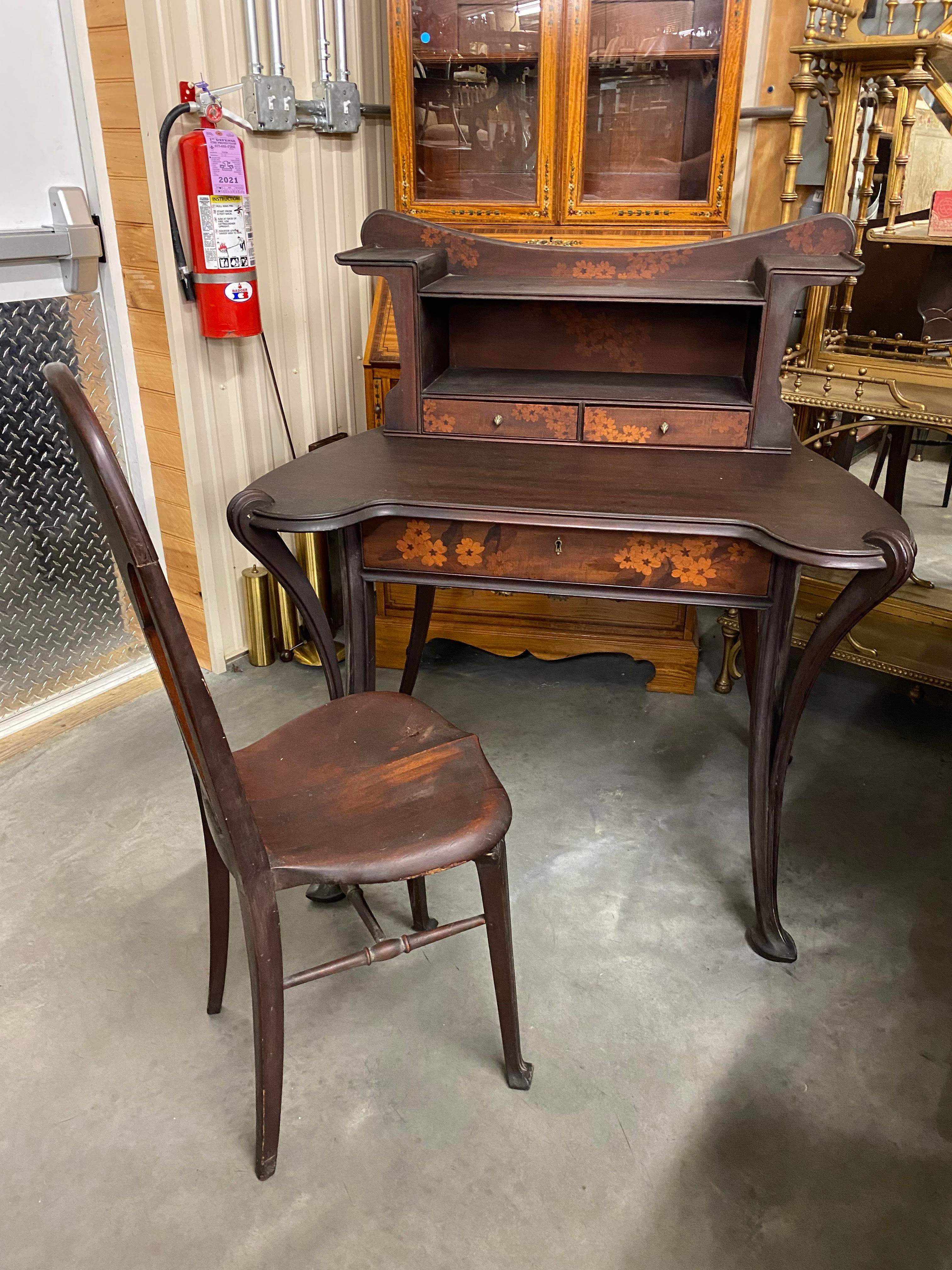 Tulipwood Louis Majorelle Art Nouveau Writing Desk with Rare Matching Chair