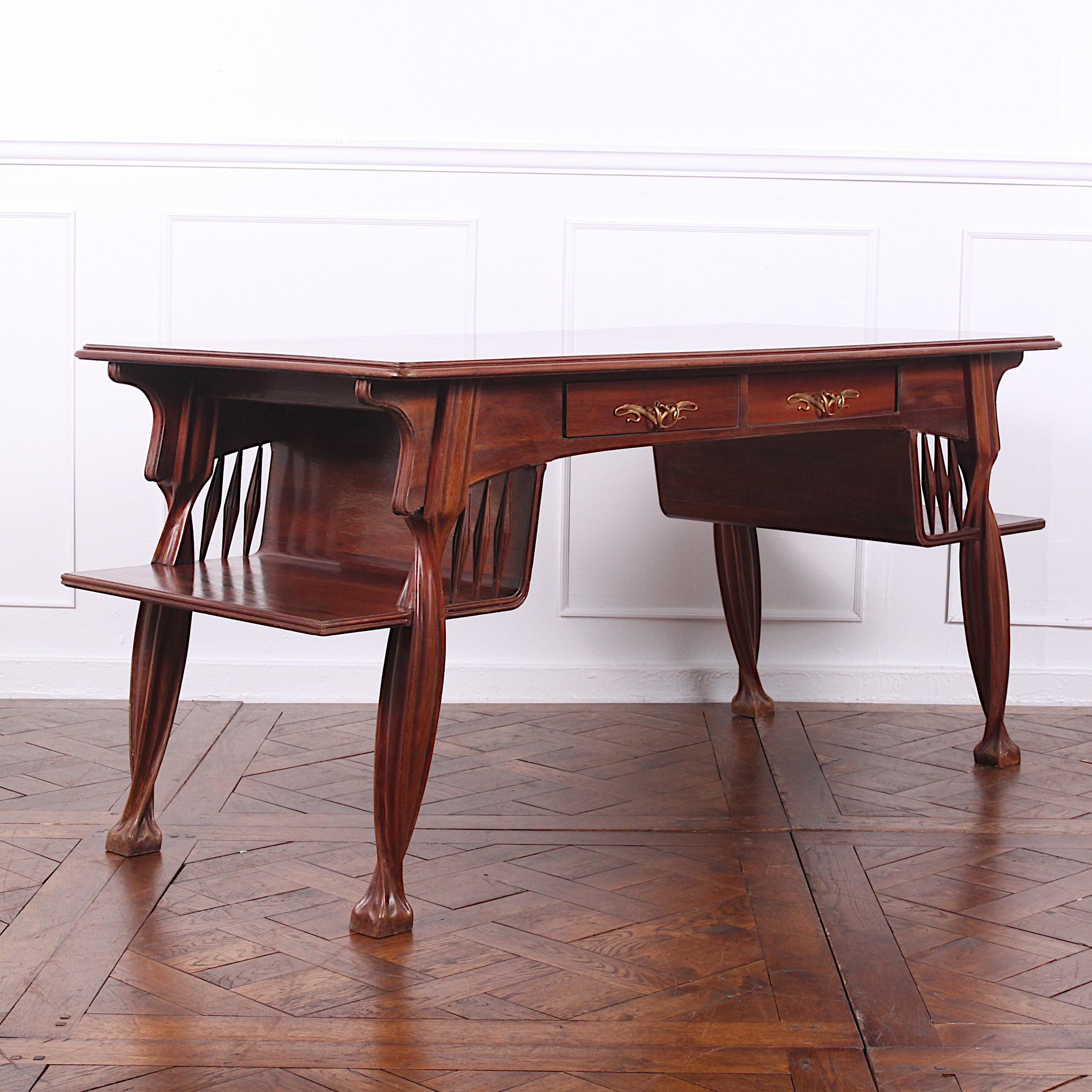 Rare, hand carved in 1900 an Art Nouveau desk by Louis Majorelle.  Commissioned from the Atelier of Louis Majorelle and owned by the same family until 2020. Louis Majorelle produced some of the best furniture of his time and priceless examples can