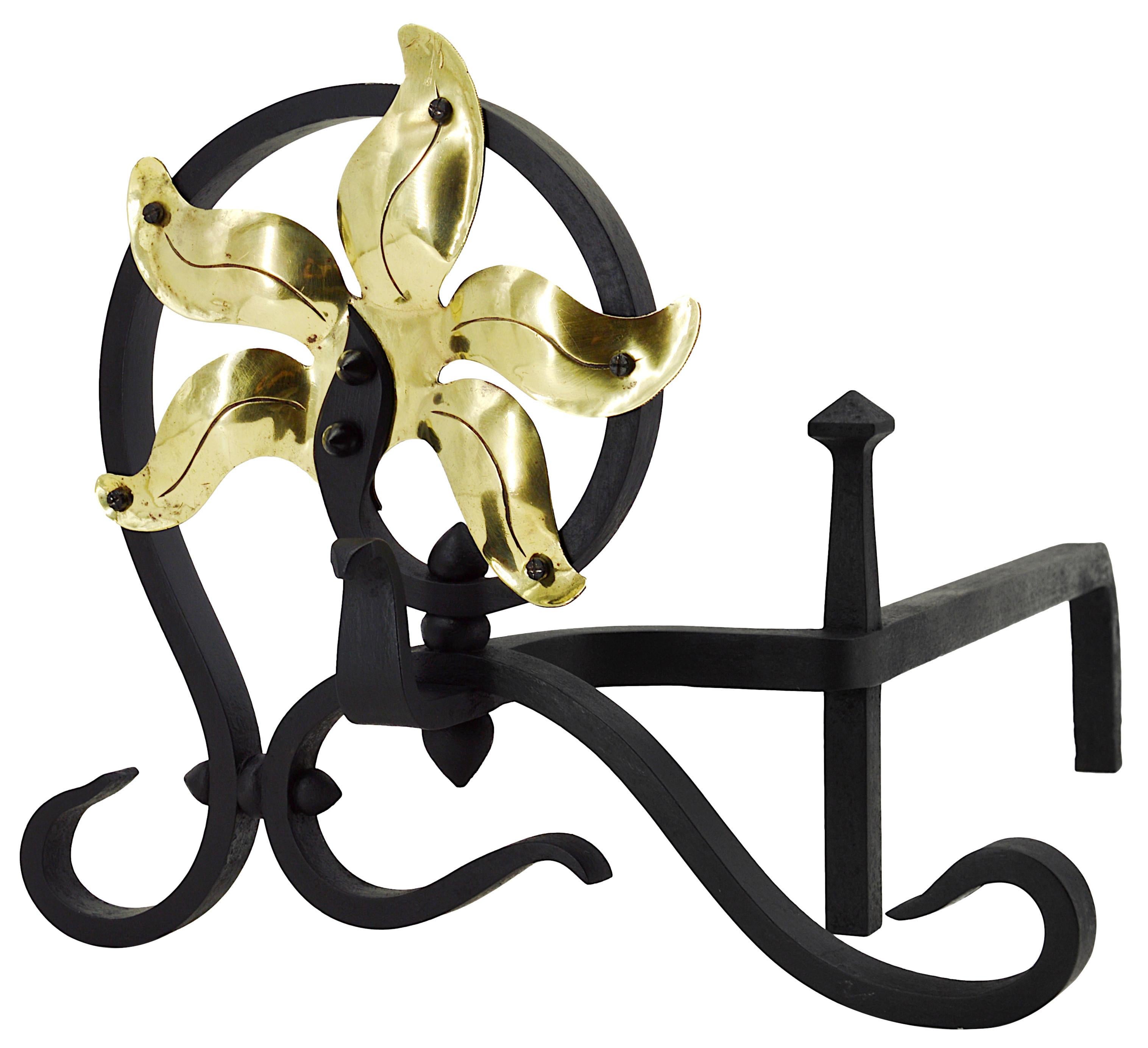 Pair of Art Nouveau andirons by Louis Majorelle (Nancy), France, circa 1900. wrought iron and brass. Each : height : 12.2