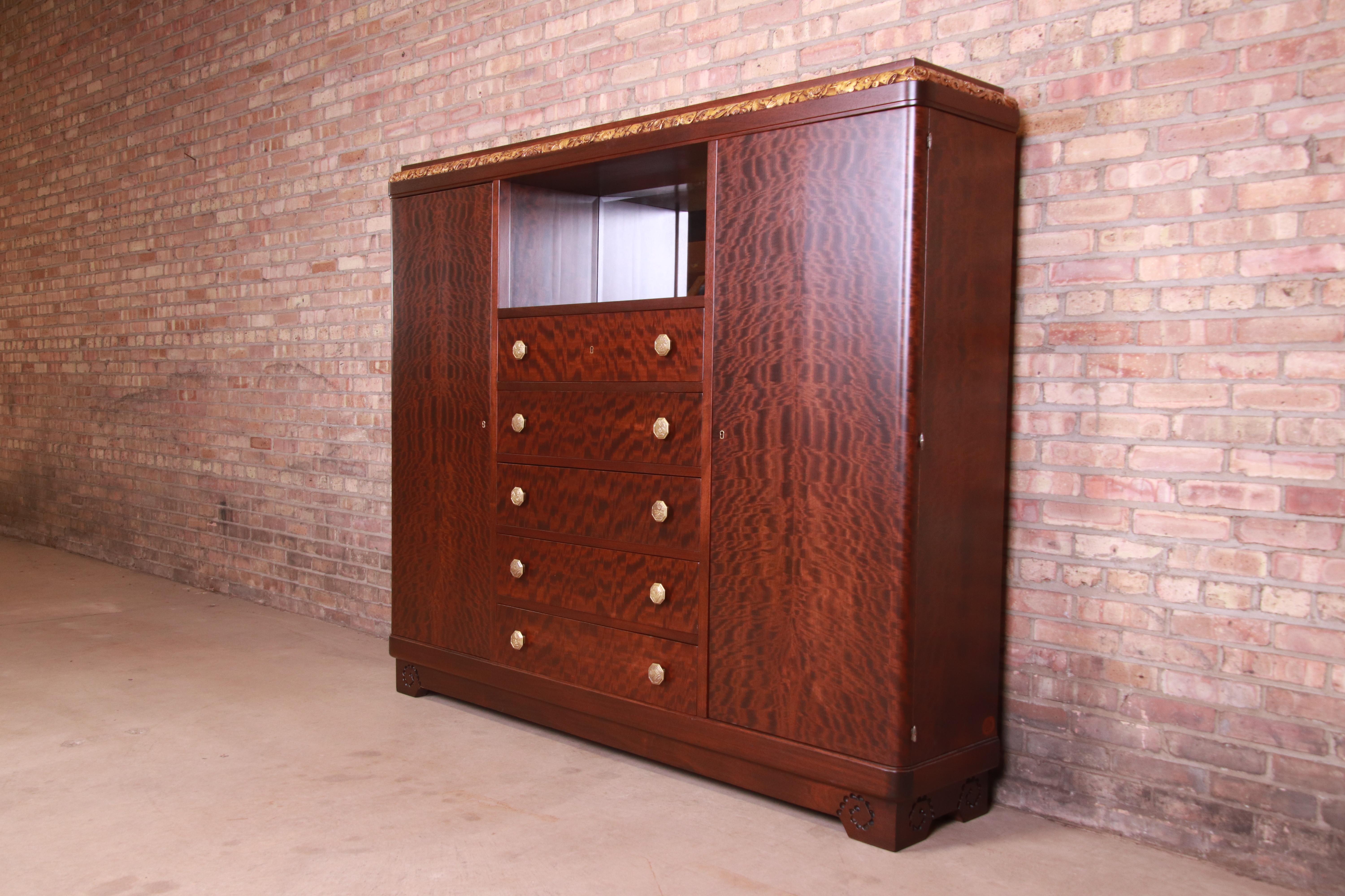 French Louis Majorelle Signed Art Nouveau Burled Mahogany Bar Cabinet, Newly Restored For Sale