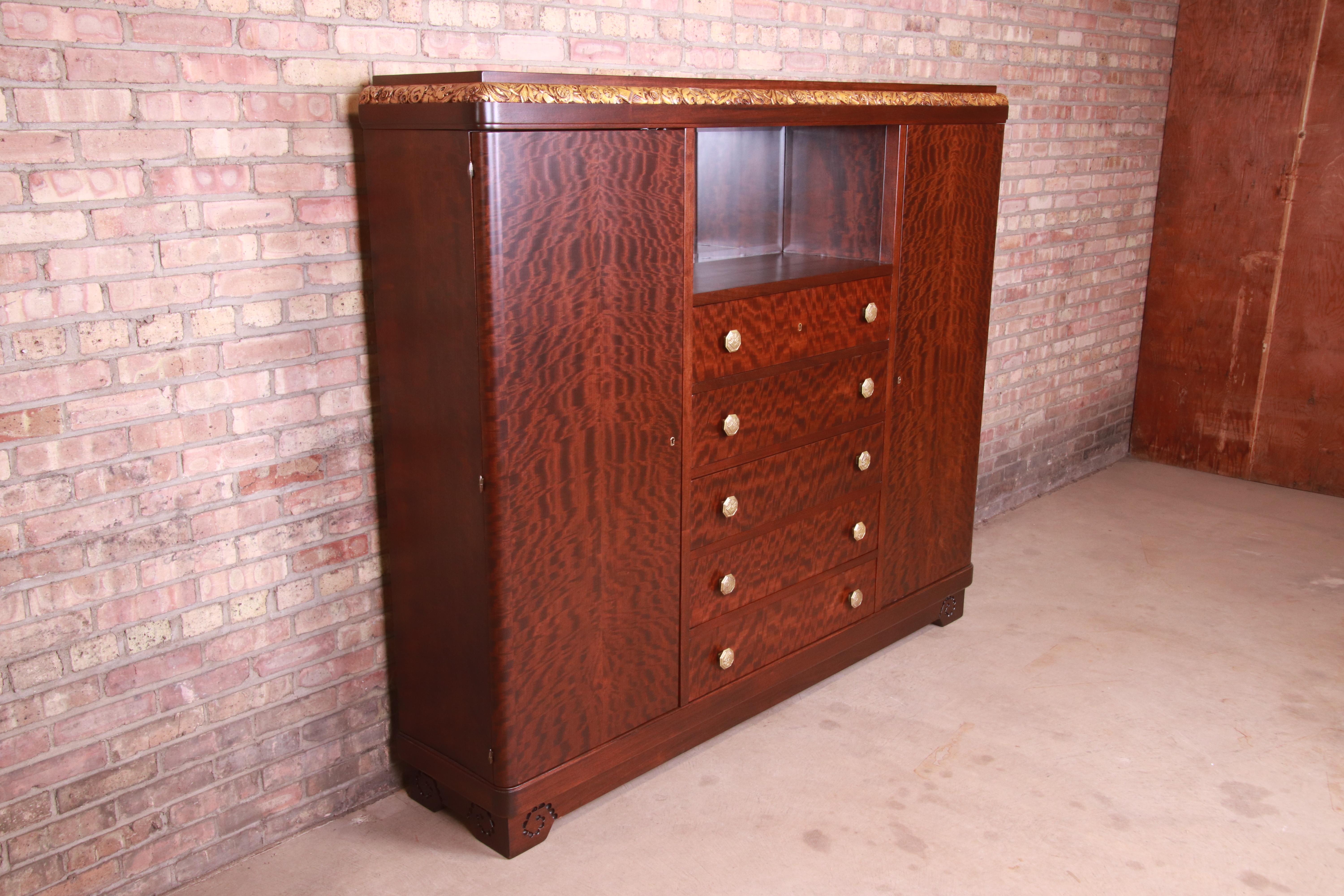 Louis Majorelle Signed Art Nouveau Burled Mahogany Bar Cabinet, Newly Restored In Good Condition For Sale In South Bend, IN