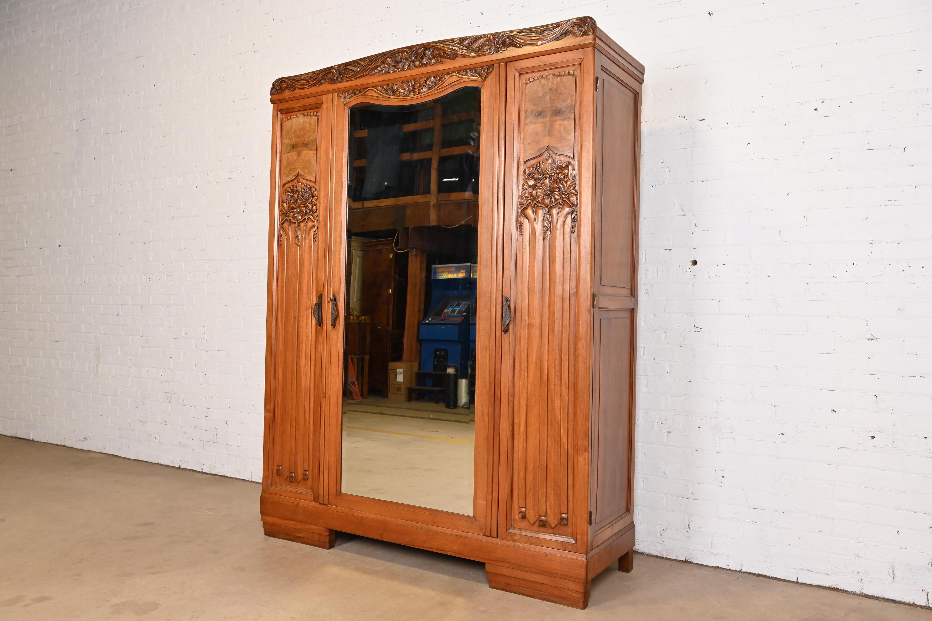 American Louis Majorelle Style Antique French Art Nouveau Burled Walnut Mirrored Armoire