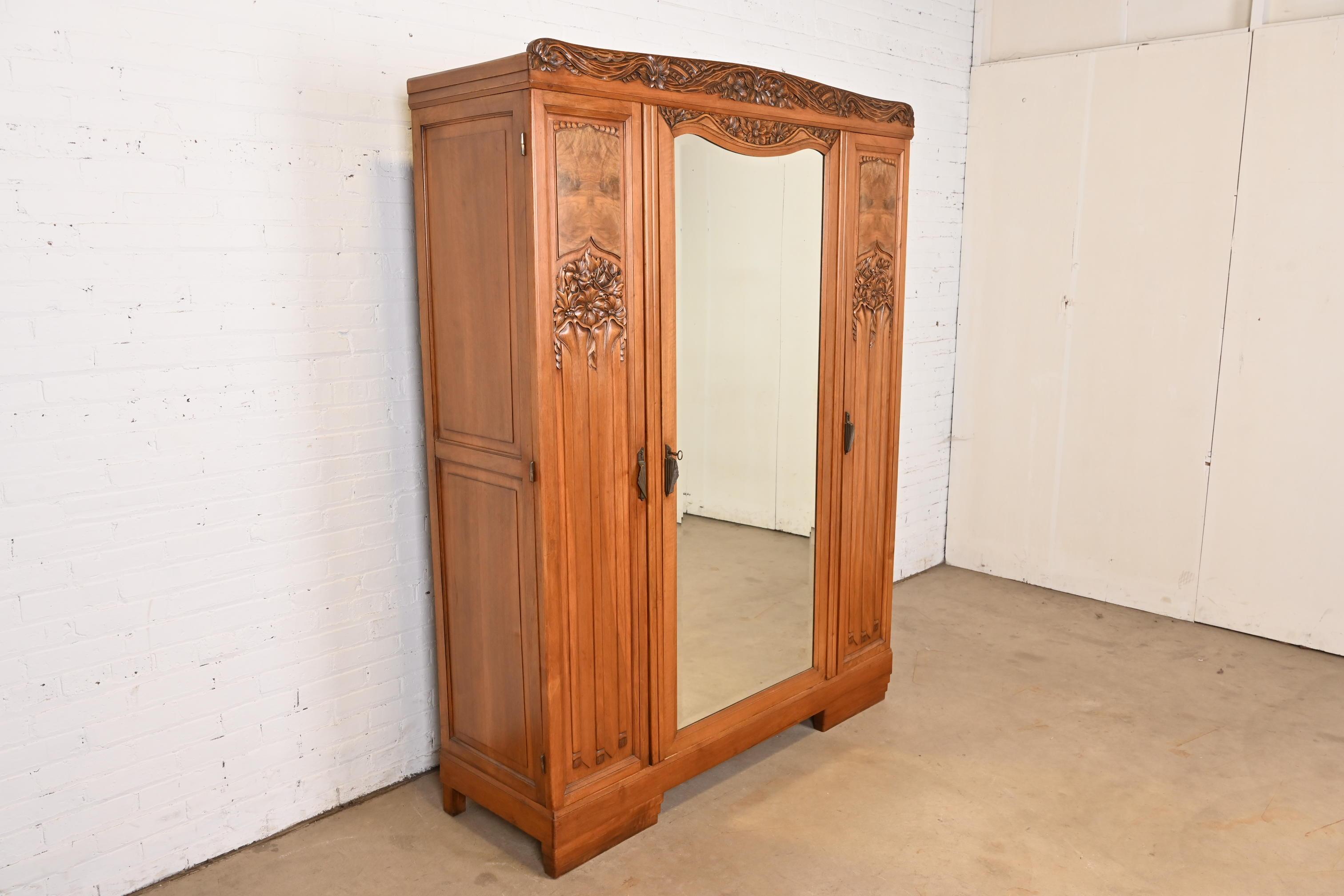 Louis Majorelle Style Antique French Art Nouveau Burled Walnut Mirrored Armoire In Good Condition In South Bend, IN