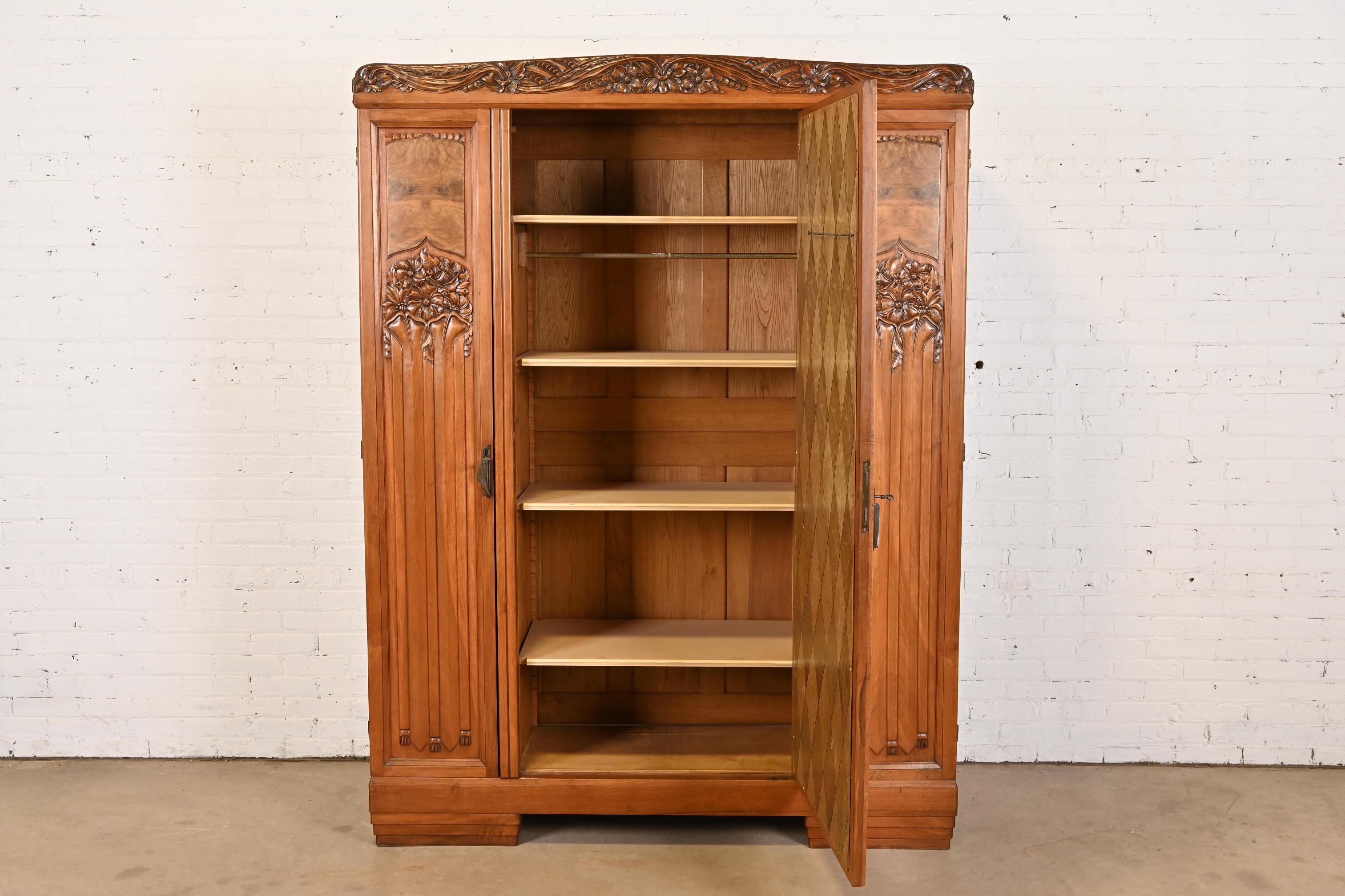 Early 20th Century Louis Majorelle Style Antique French Art Nouveau Burled Walnut Mirrored Armoire
