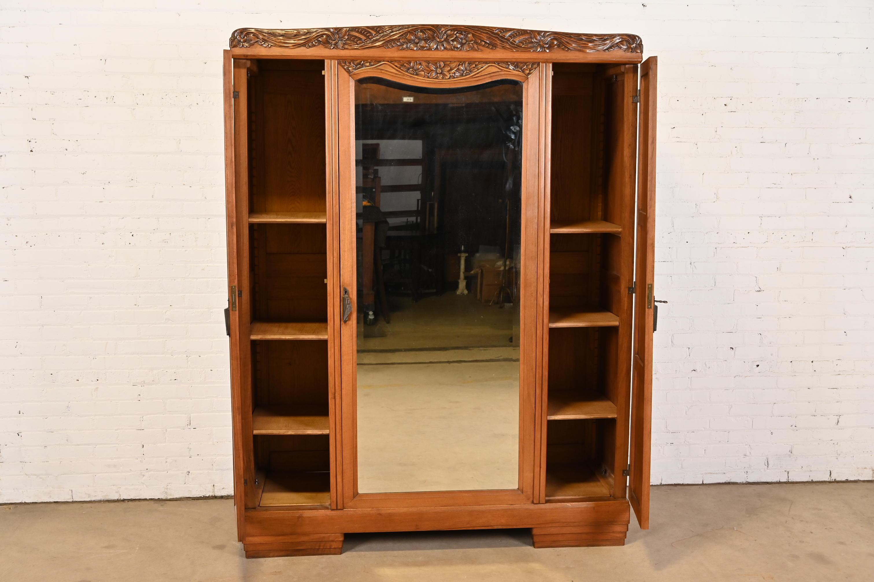 Brass Louis Majorelle Style Antique French Art Nouveau Burled Walnut Mirrored Armoire