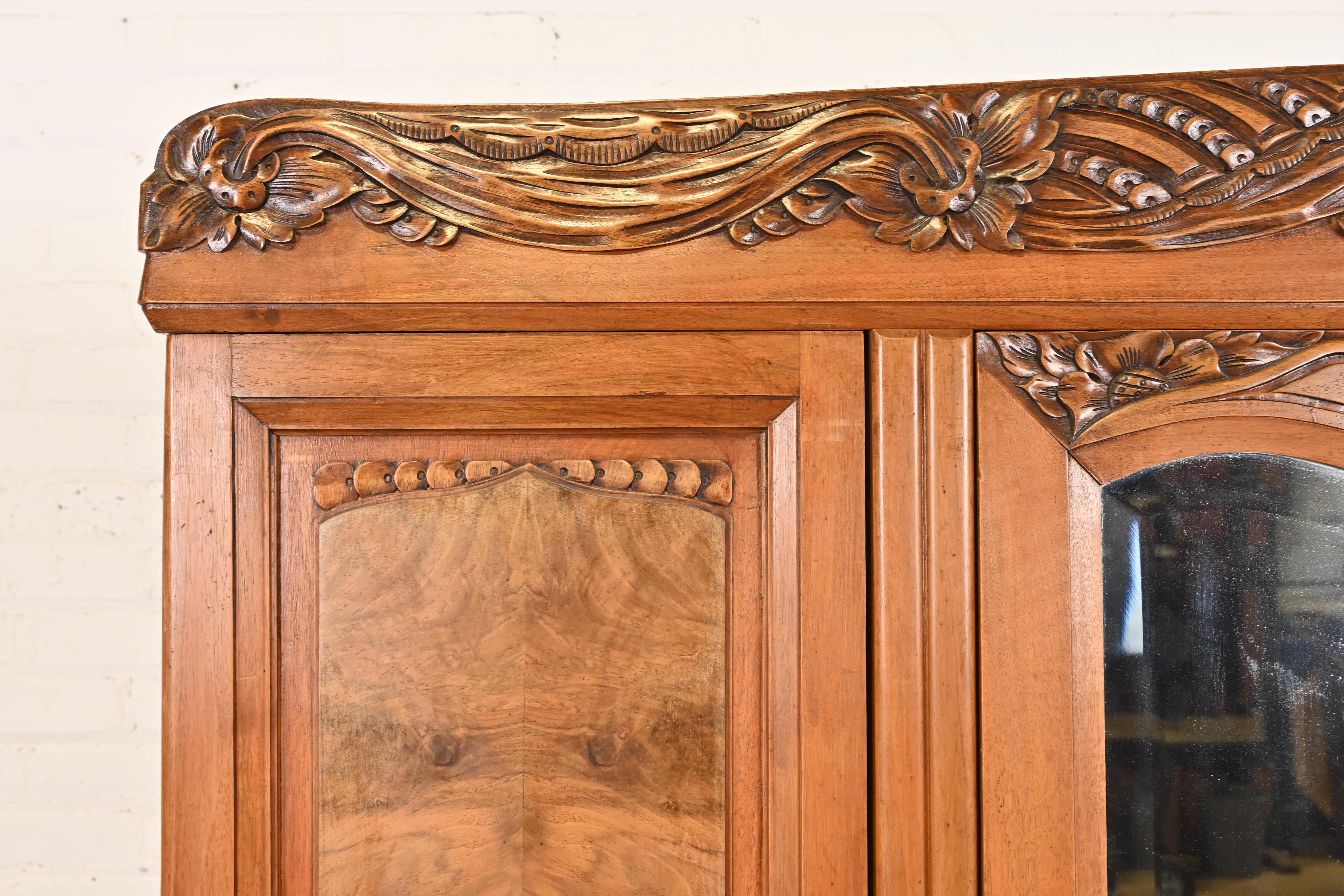 Louis Majorelle Style Antique French Art Nouveau Burled Walnut Mirrored Armoire 1