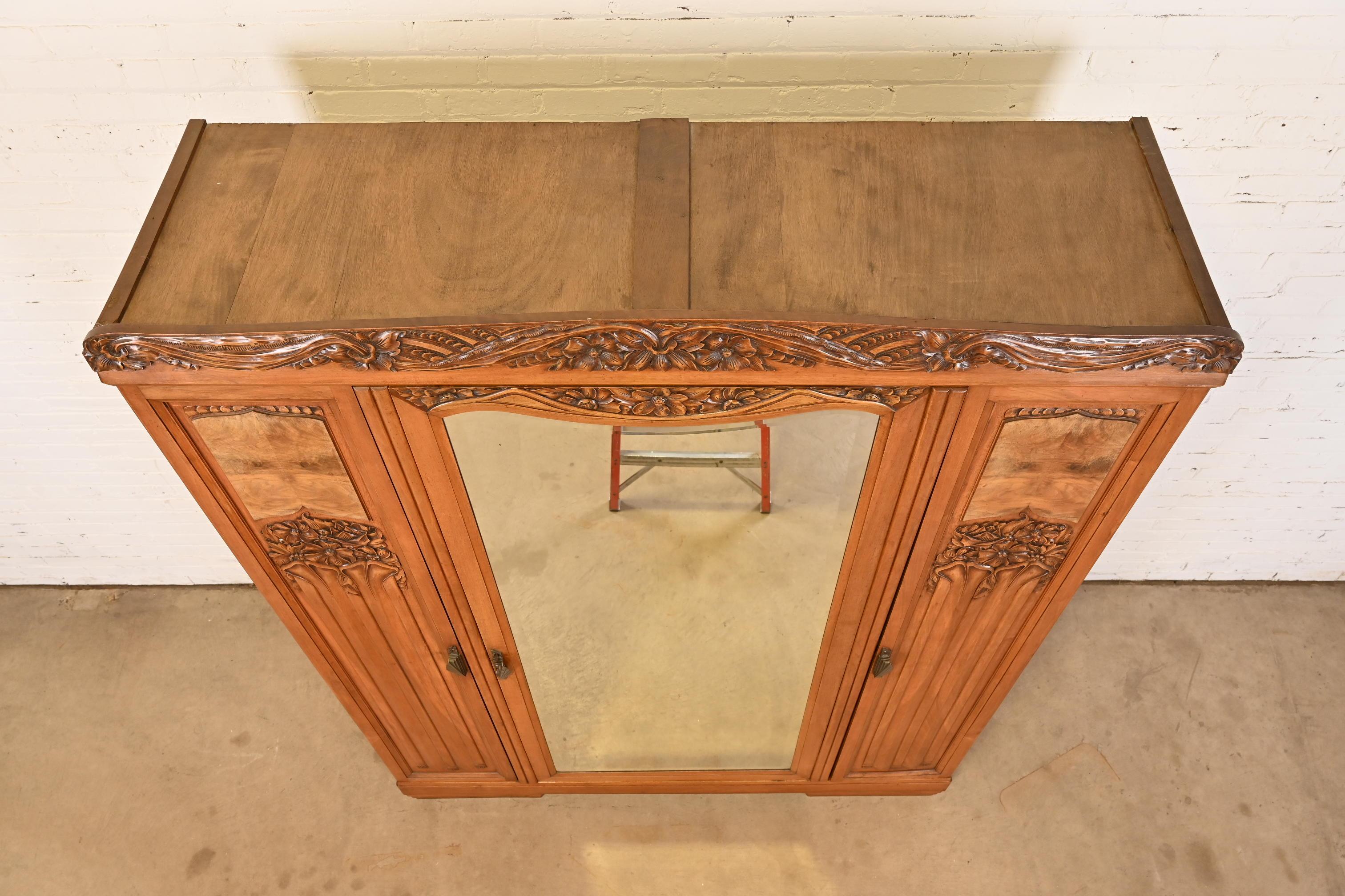 Louis Majorelle Style Antique French Art Nouveau Burled Walnut Mirrored Armoire 3
