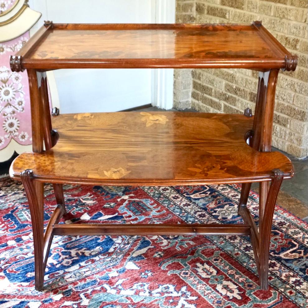 Art Nouveau Louis Majorelle Two Tier Marquetry Table For Sale