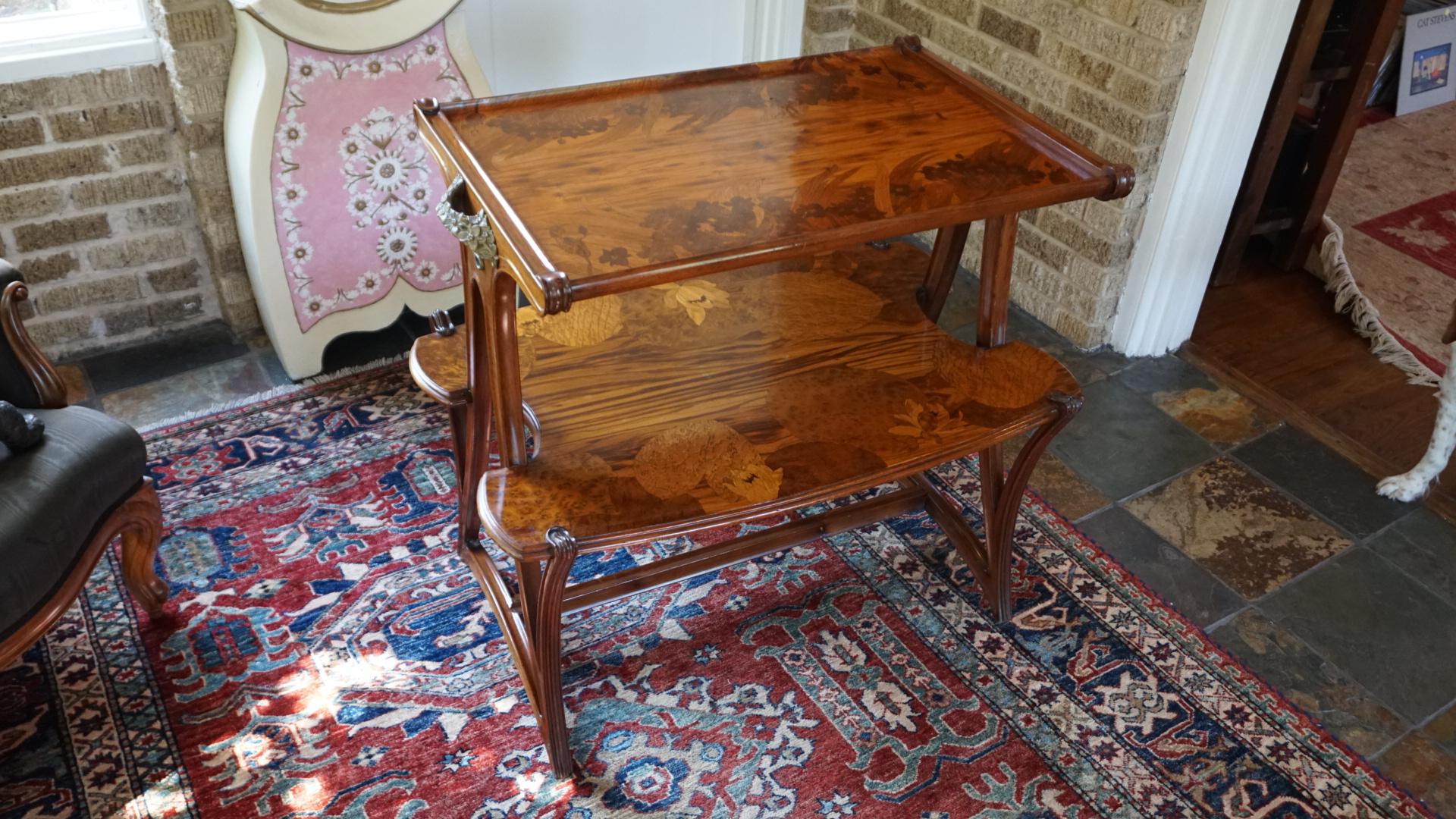 French Louis Majorelle Two Tier Marquetry Table For Sale