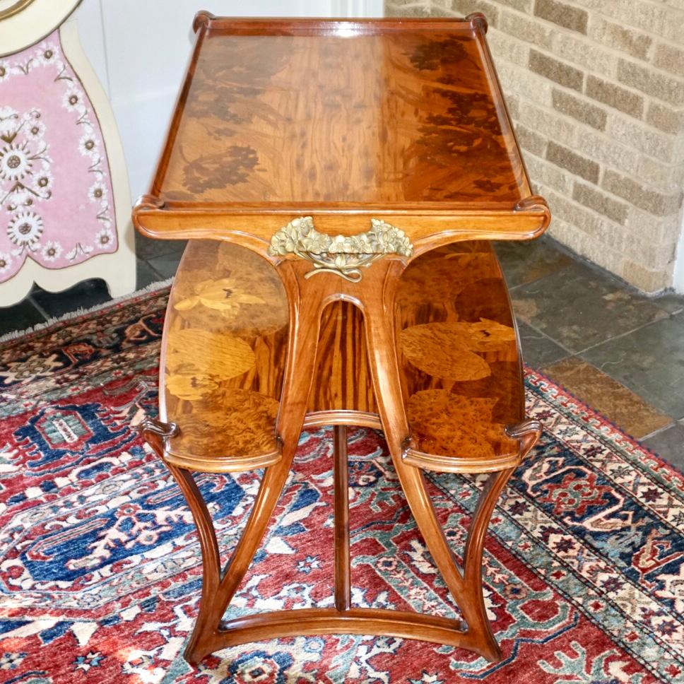 Carved Louis Majorelle Two Tier Marquetry Table For Sale