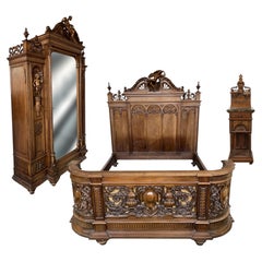 Louis Malard Walnut Bedroom Set, Hand-Carved, France, 1880