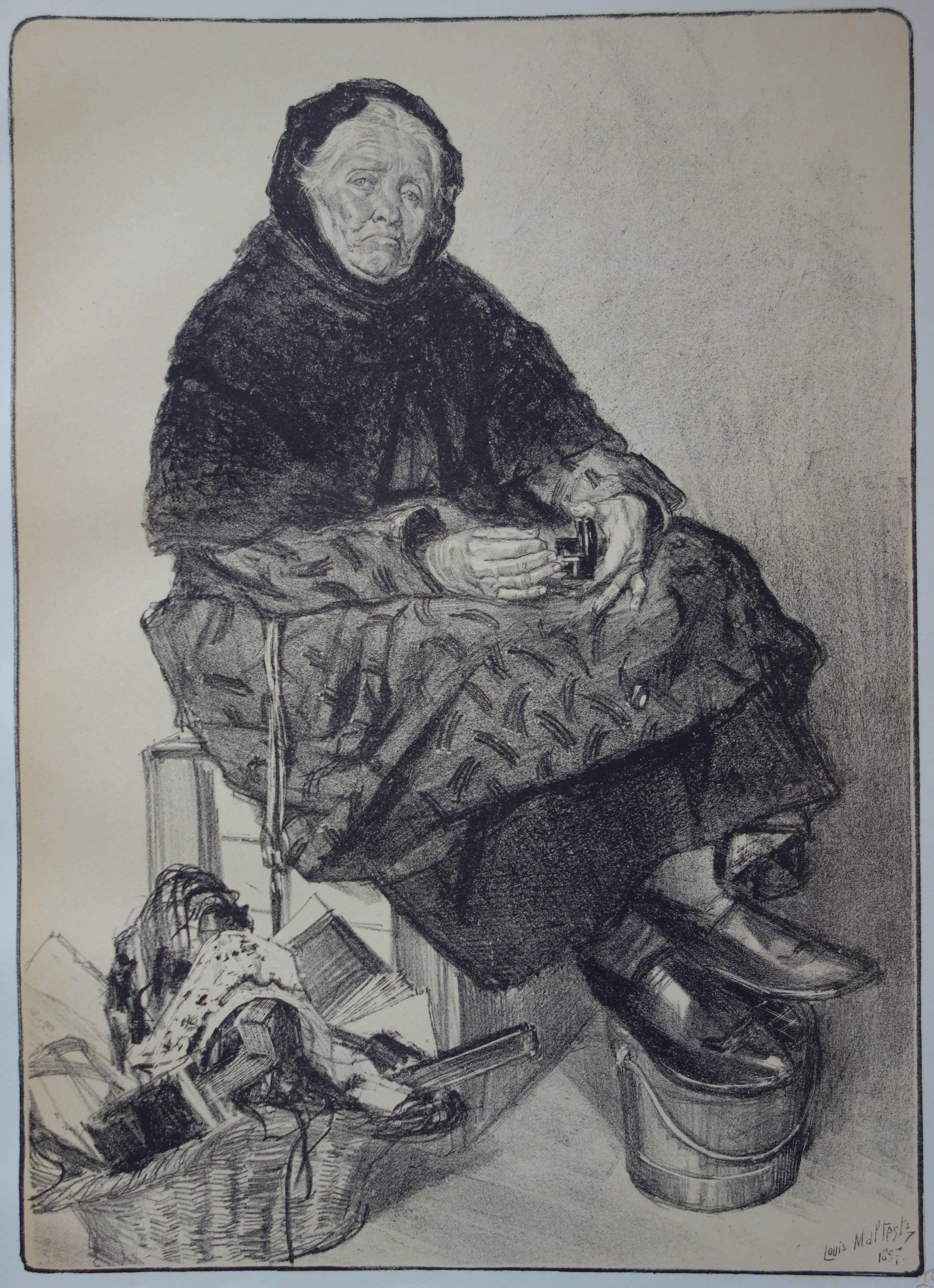 La vieille femme commerçante - lithographie originale (1897-1898) - Art nouveau Print par Louis Malteste