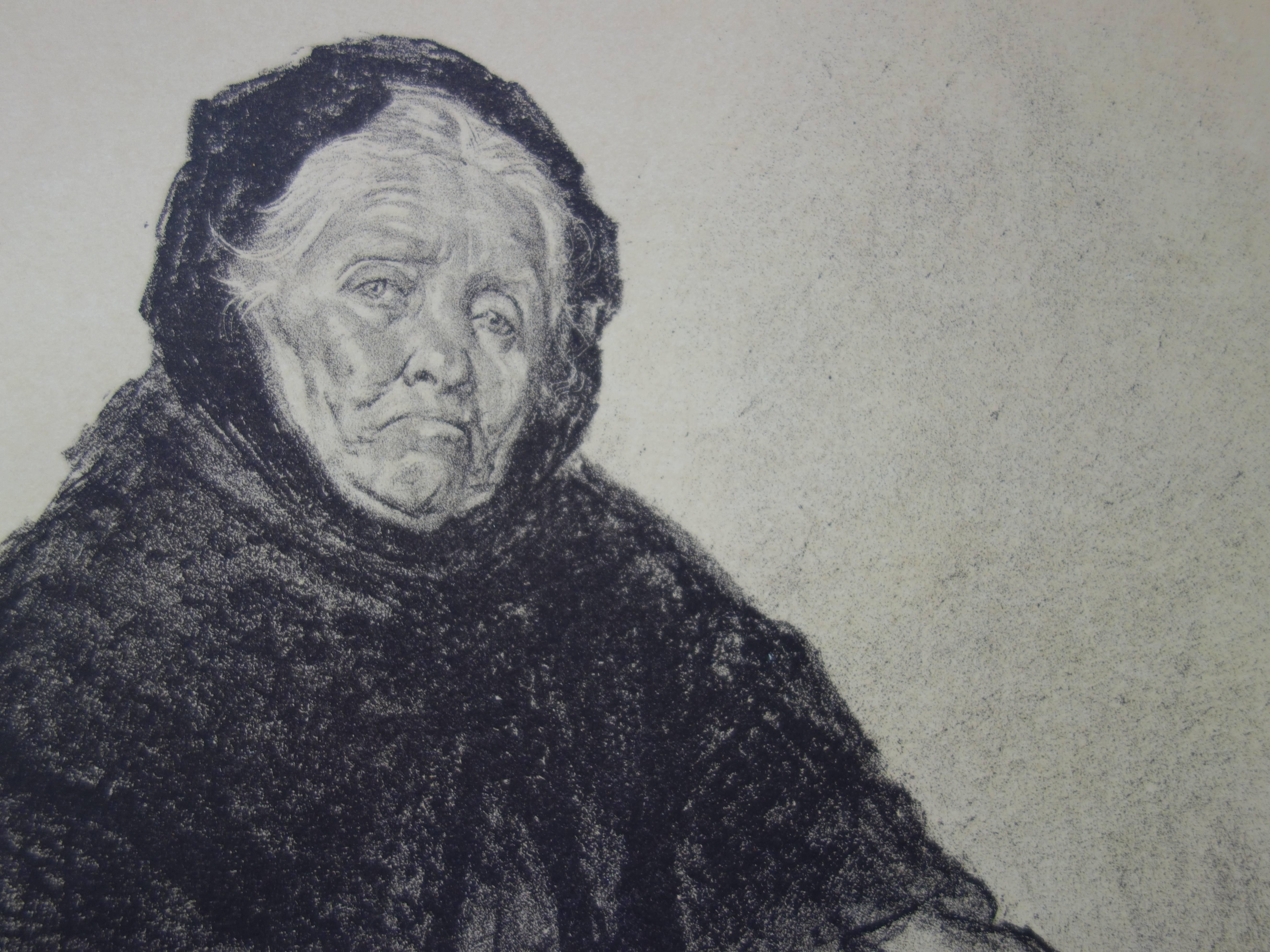 La vieille femme commerçante - lithographie originale (1897-1898) - Gris Figurative Print par Louis Malteste