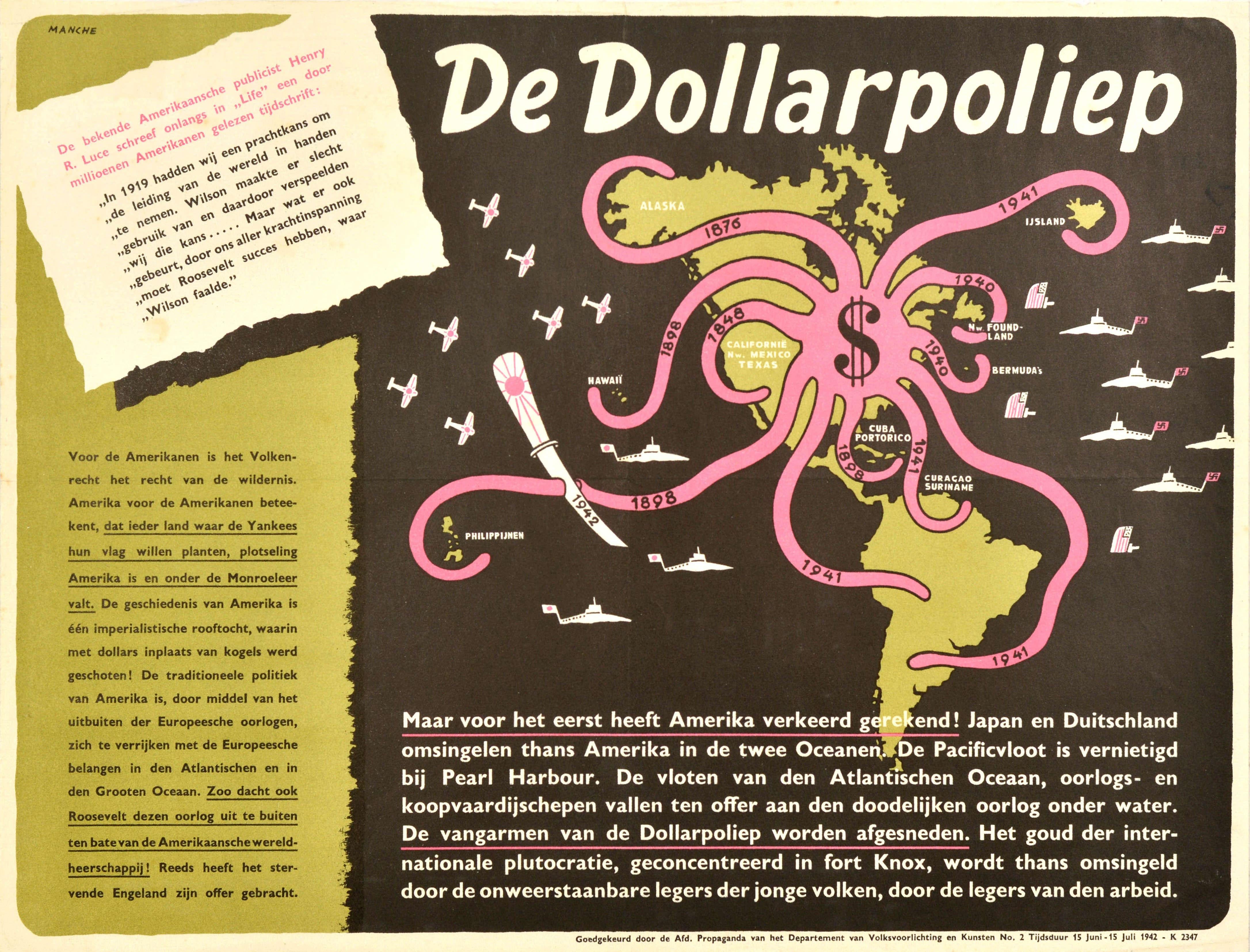 Louis Manche Print - Original Vintage WWII Poster De Dollarpoliep The US Dollar Polyp Octopus War Map