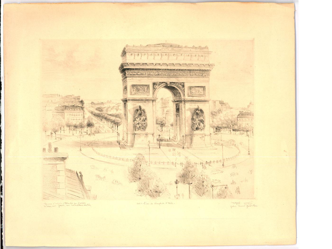 An extremely fine architectural etching depicting the French monument, the l'Arc de Triomphe, at the west end of the Champs-Élysées. The artist's perfect perspective and accurate observation skills are unmistakable in this excellent representation