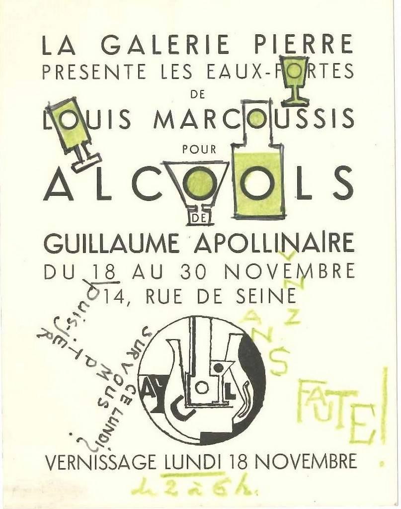 Einladung zur Einzelausstellung von Marcoussis, inspiriert von Alcools von Guillaume Apollinaire, in der Galerie Pierre vom 18. bis 30. November, mit Interventionen des Künstlers (in grüner Pastellkreide oder mit Tinte in Porzellan geschrieben,