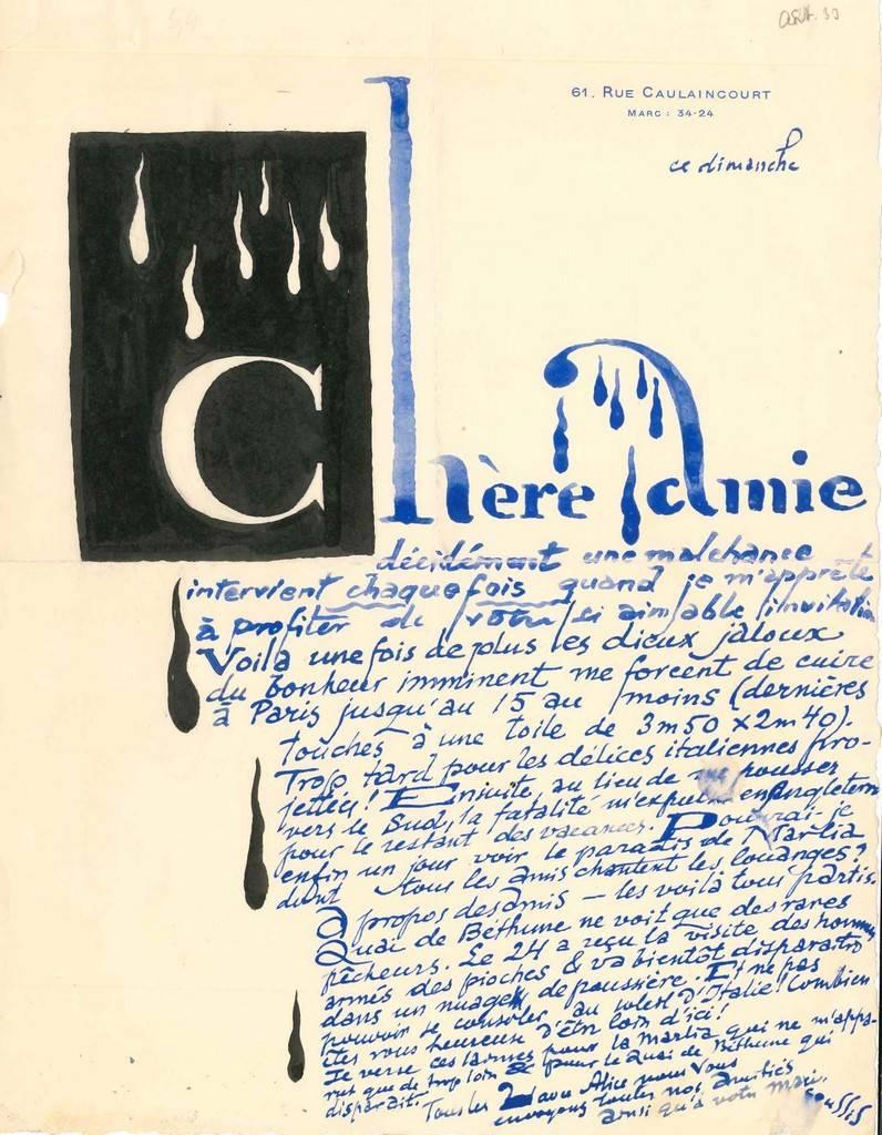 Lettre autographe signée, sur papier à en-tête "61, Rue Caulaincourt", avec initiale et phrase "Chère Amie", peinte à l'aquarelle et décorée de déchirures, comprenant une enveloppe avec un timbre daté du 24 août 1933. (21x27 cm). Conditions