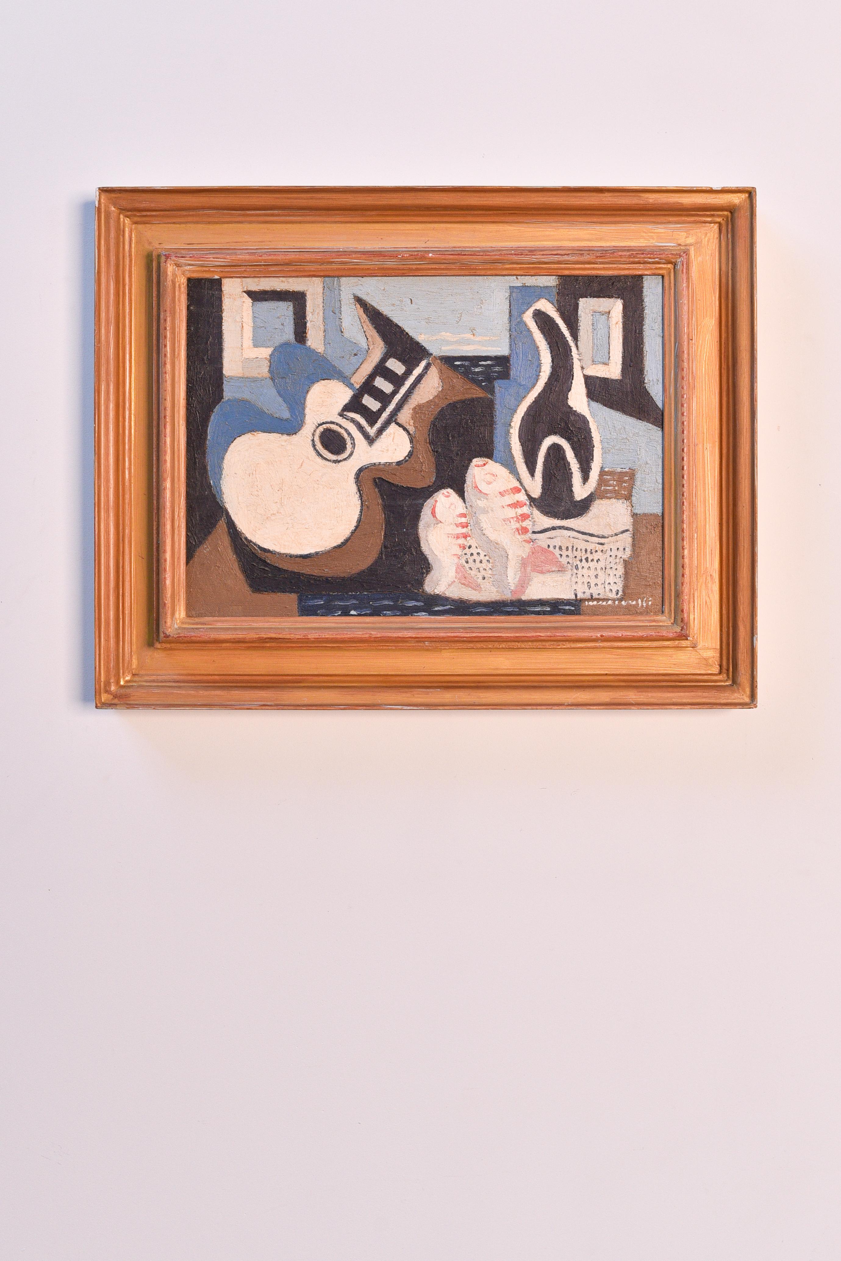 Natura morta cubista con chitarra e pesci, olio su tavola dei primi del Novecento - Painting Cubismo di Louis Marcoussis