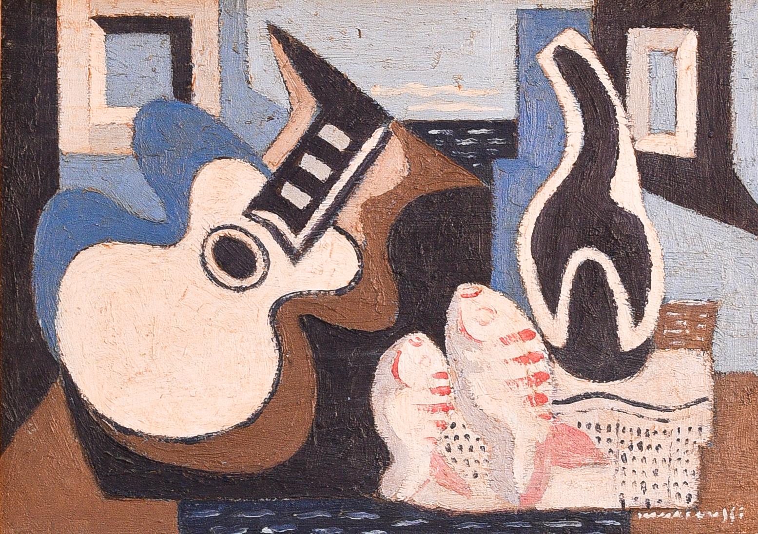 Early 20th century oil on board cubist still life with guitar and fishes  - Cubist Painting by Louis Marcoussis