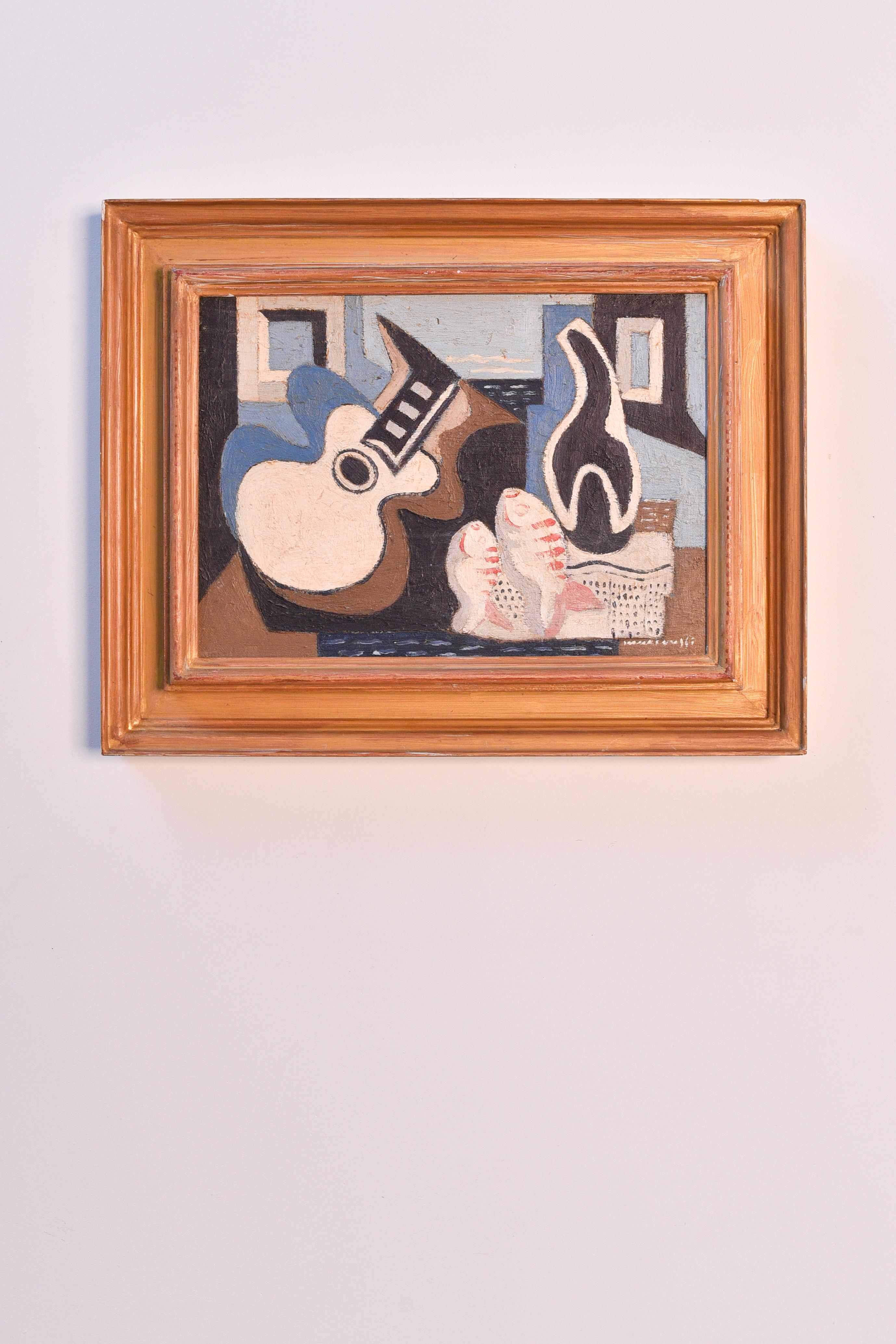 Louis Marcoussis Still-Life Painting - Early 20th century oil on board cubist still life with guitar and fishes 