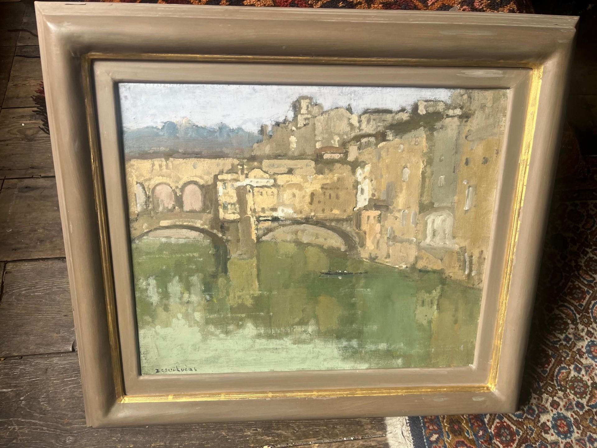 Zwanzigstes Jahrhundert Impressionist gerahmte Ölgemälde auf Panel von Ponte Vecchio, Florenz mit Gebäuden entlang des Flusses Arno.
Dieses Gemälde wurde von dem französischen Künstler Charles Perron (1893-1958) erworben und befand sich viele Jahre