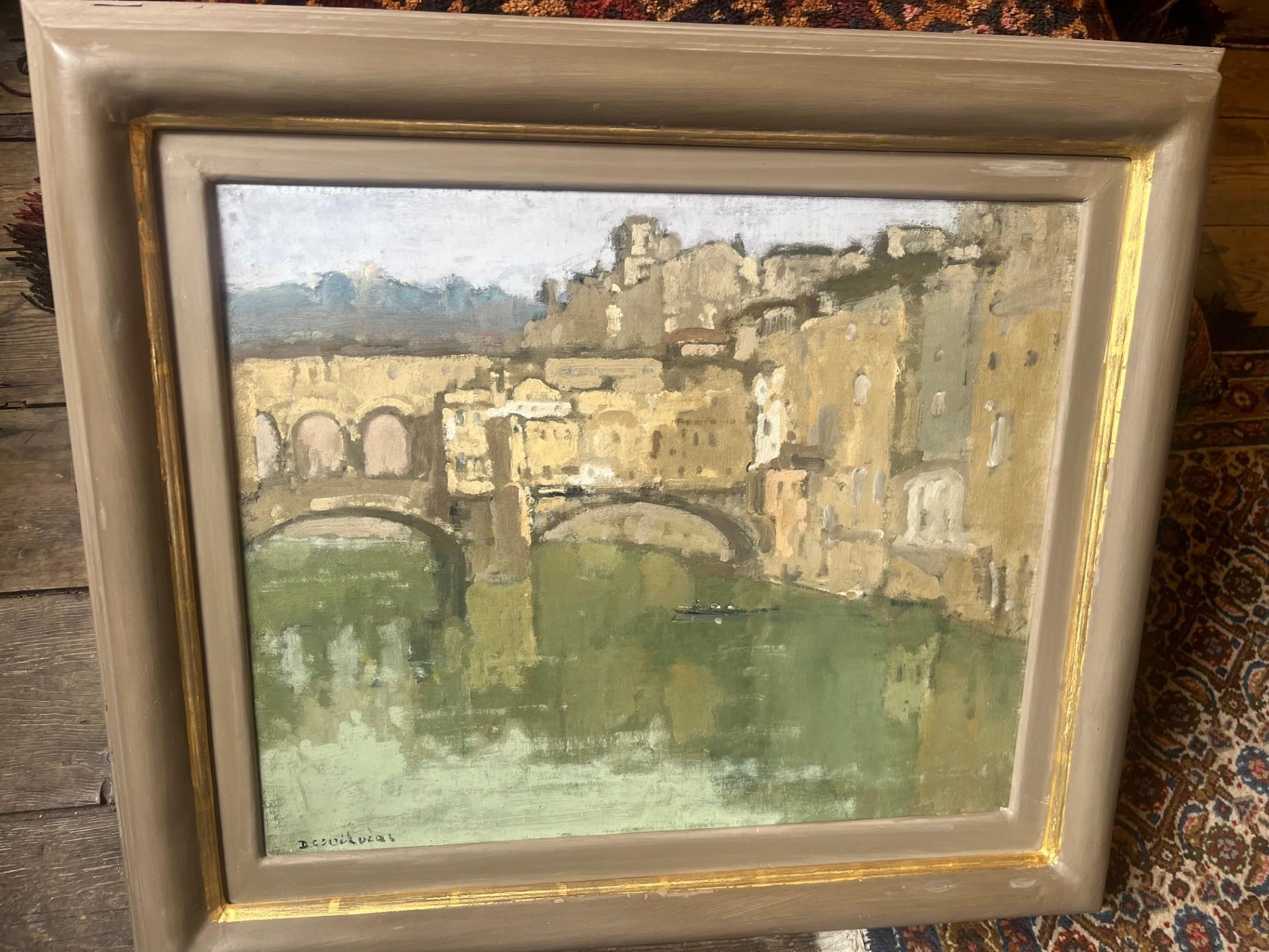 Zwanzigstes Jahrhundert Impressionist Öl von  Ponte Vecchio, Florenz und der Fluss Arno im Angebot 1
