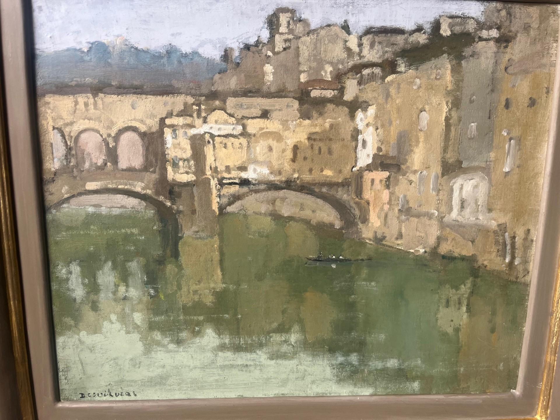 Zwanzigstes Jahrhundert Impressionist Öl von  Ponte Vecchio, Florenz und der Fluss Arno im Angebot 2