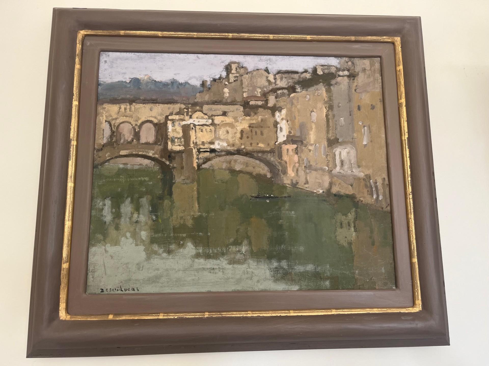 Zwanzigstes Jahrhundert Impressionist Öl von  Ponte Vecchio, Florenz und der Fluss Arno im Angebot 3