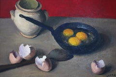 Mid Century French Still Life Oil Painting of Eggs in a Skillet, Vintage Art
