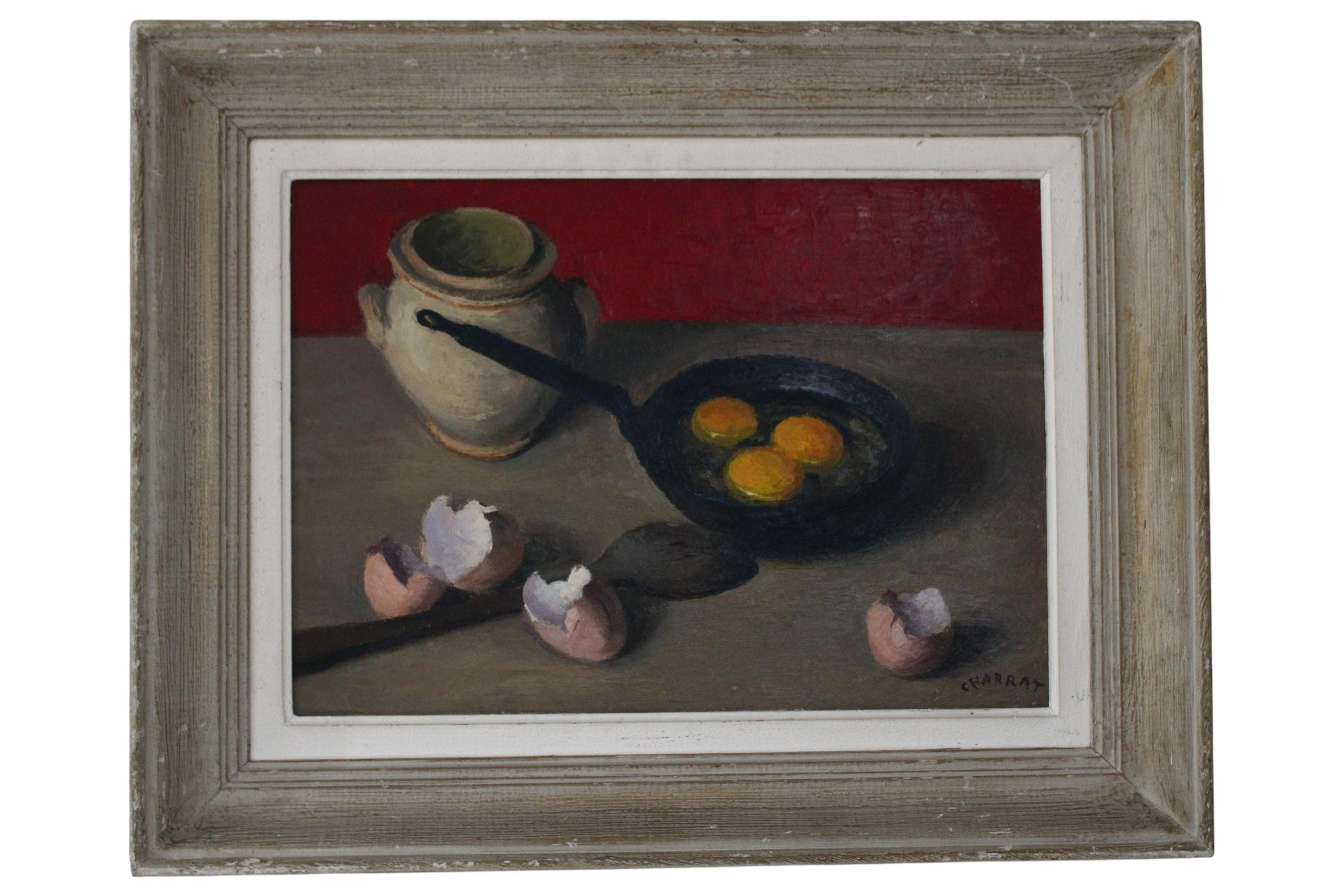 Kitchen Painting of Fried Eggs Mid-Century Vintage Food Still Life Cuisine Art