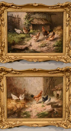 Oil Painting by Louis Marie Lemaire "Chickens in a Farmyard" 