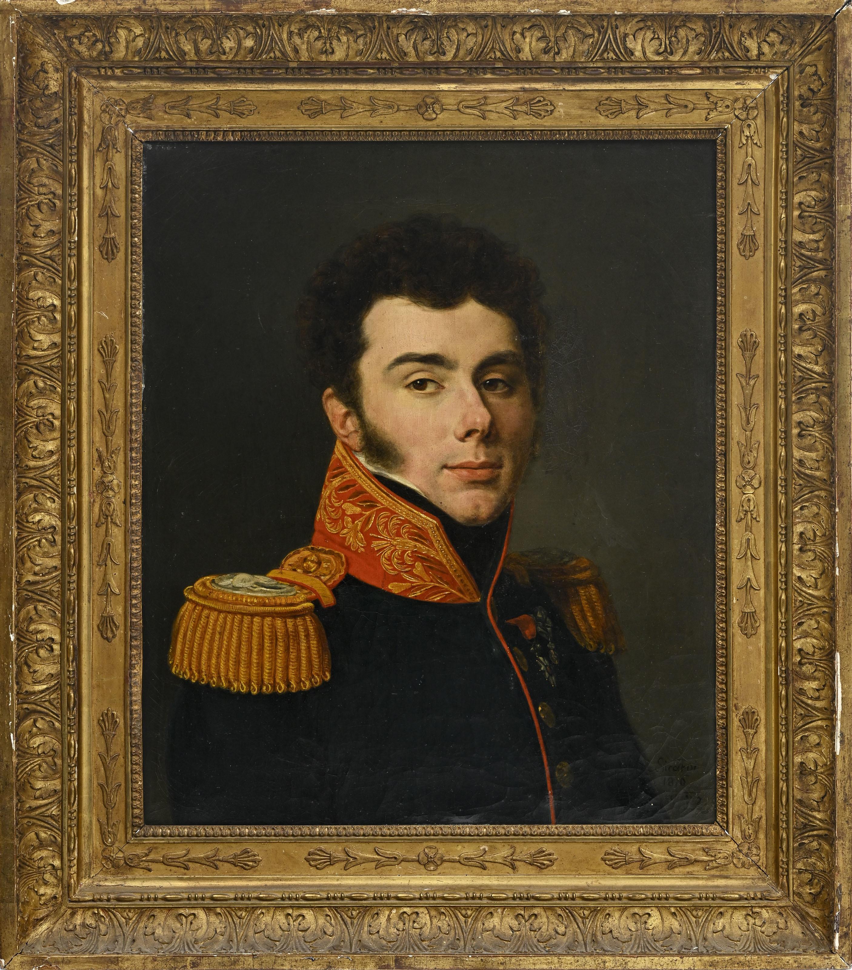 Ritratto di un ufficiale superiore del reggimento del centesimo Suisses della Maison du Ro - Painting di Louis Marie Sicardi